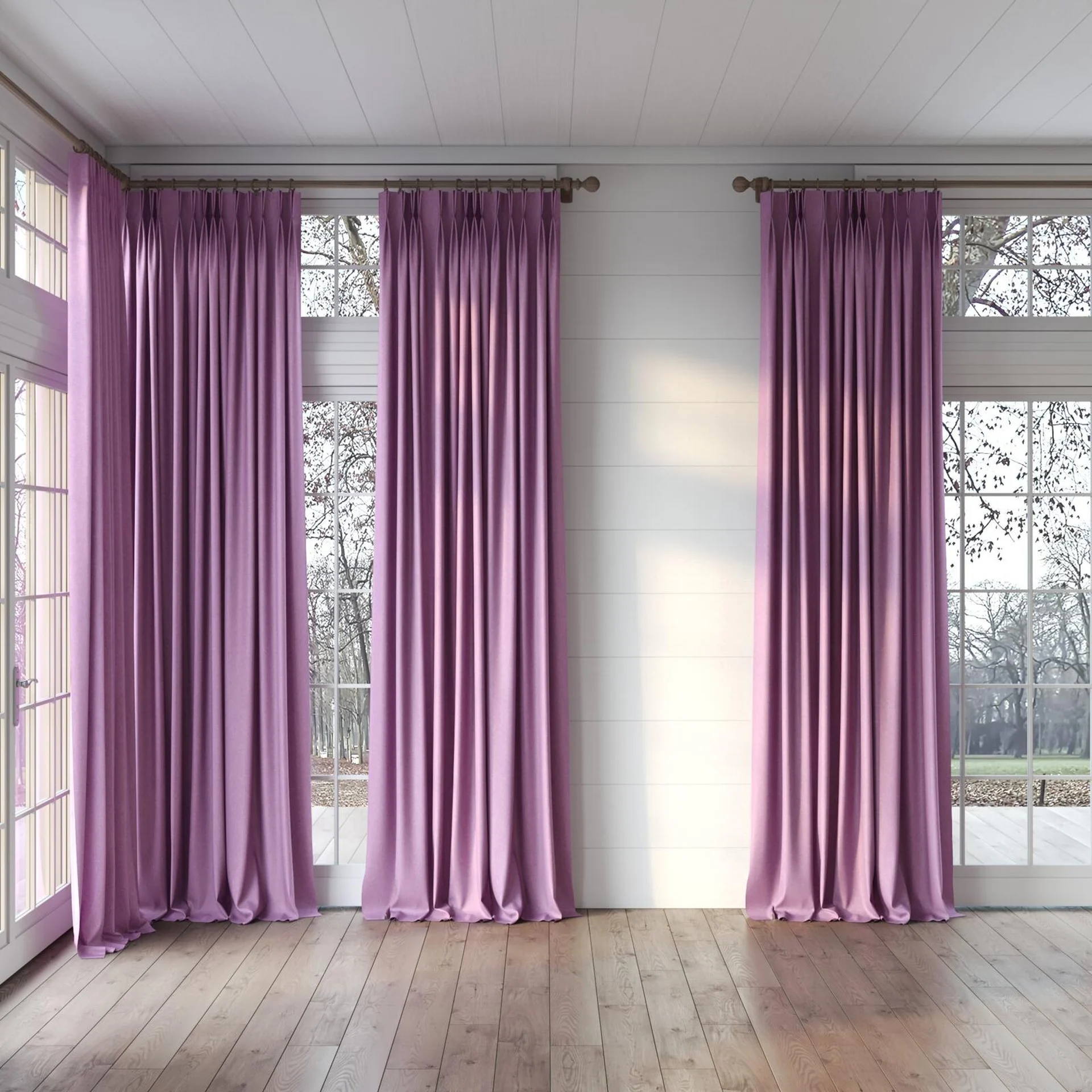 Full view of Hometown Purple, puddled, on curtain rod