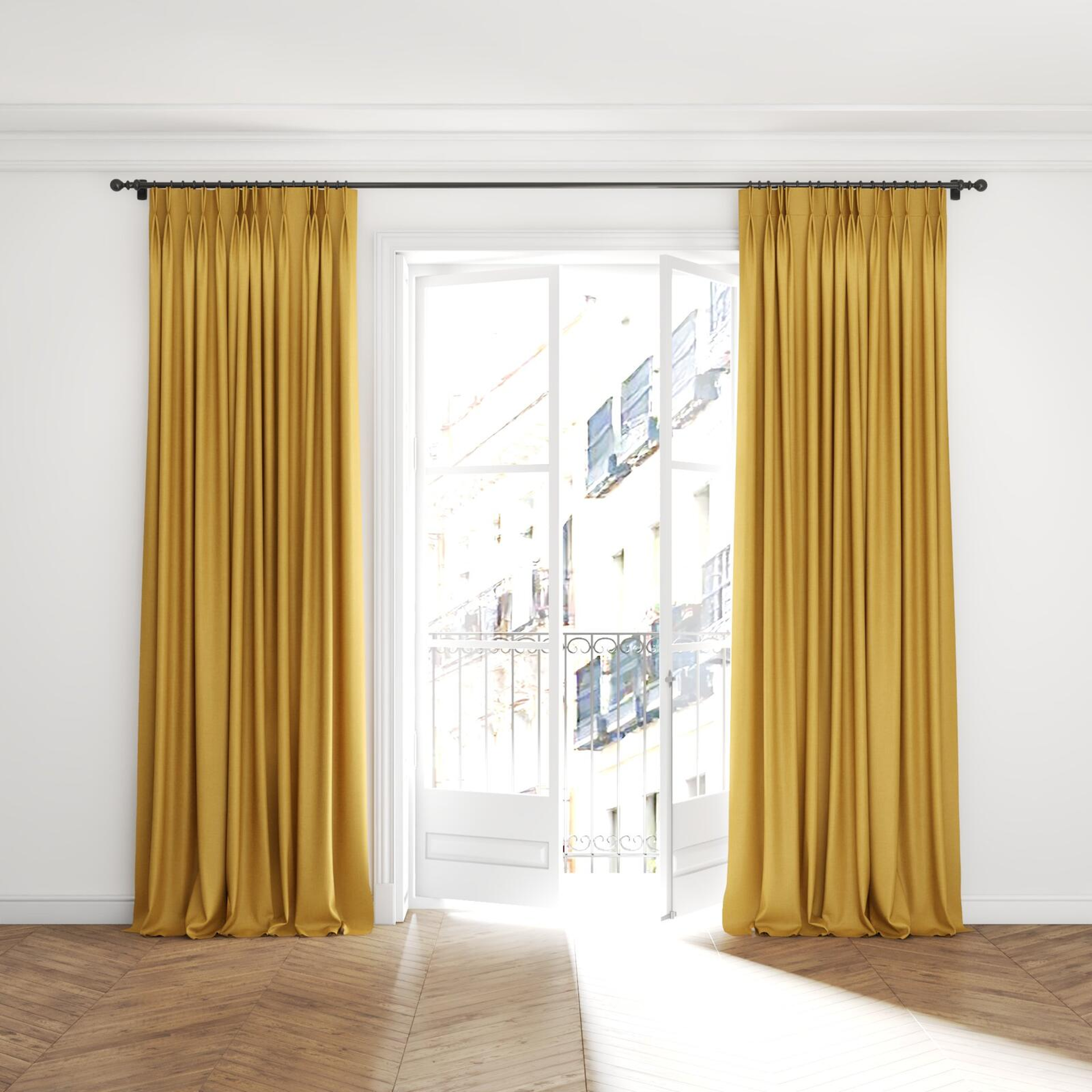 Full view of Cushy Honey, puddled with pinch pleat, on curtain rod