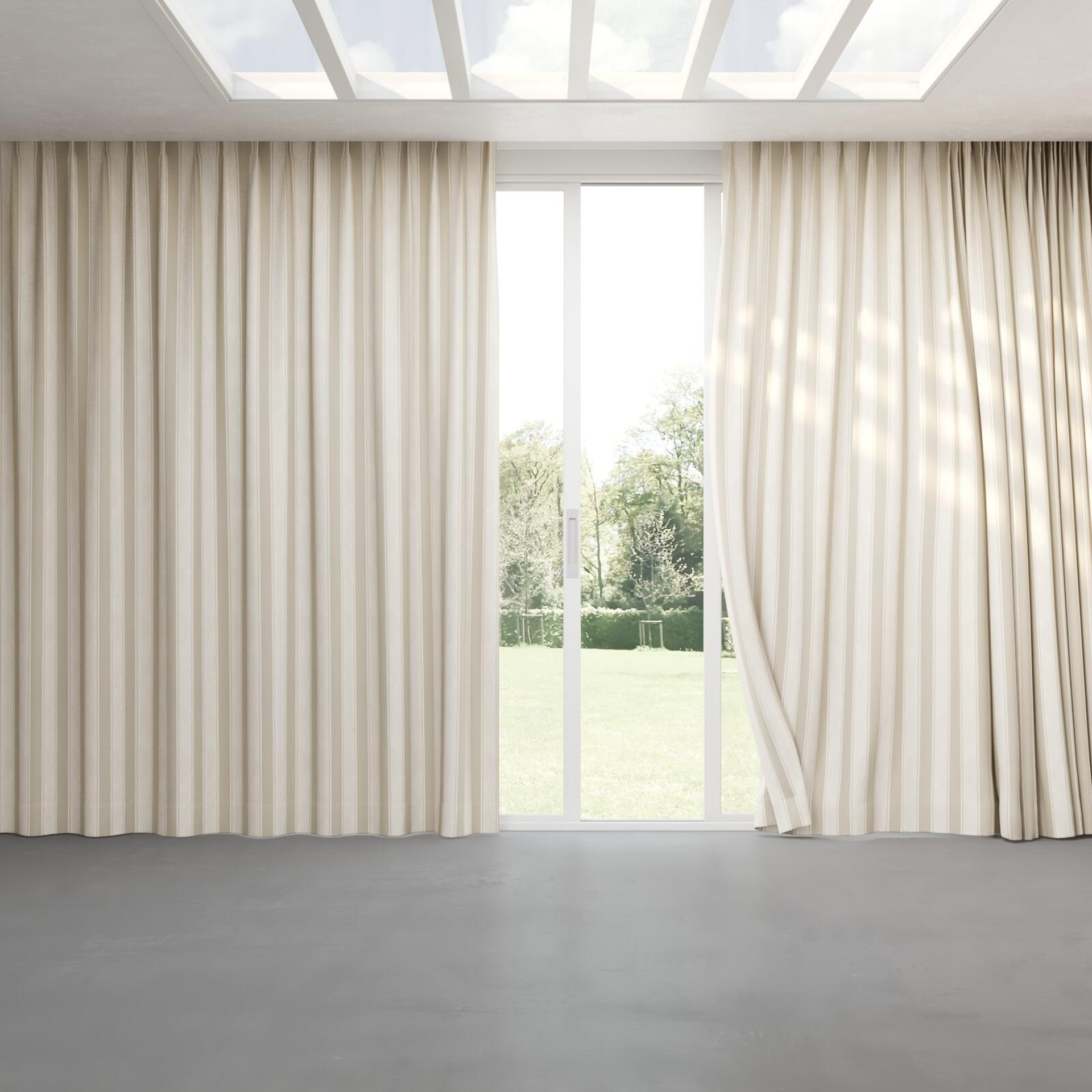 Full view of Broad Stripe Taupe, pinch pleat
