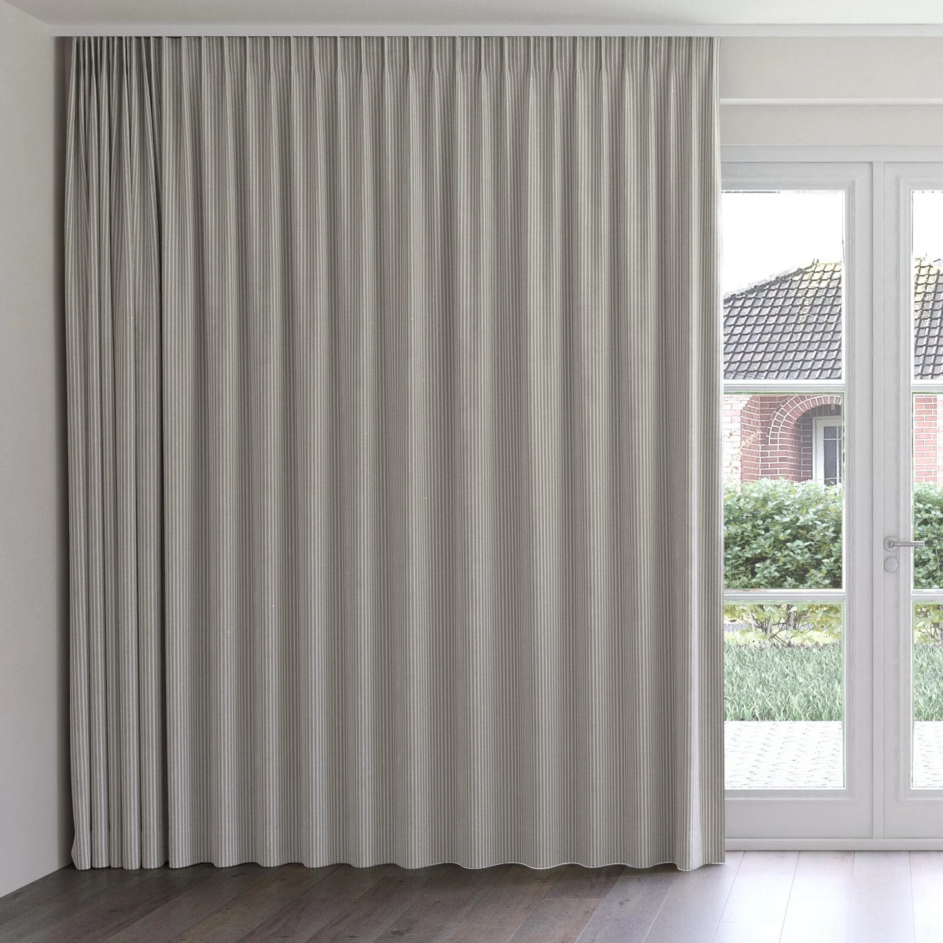 Front view of Embrace Chinchilla, on curtain rail