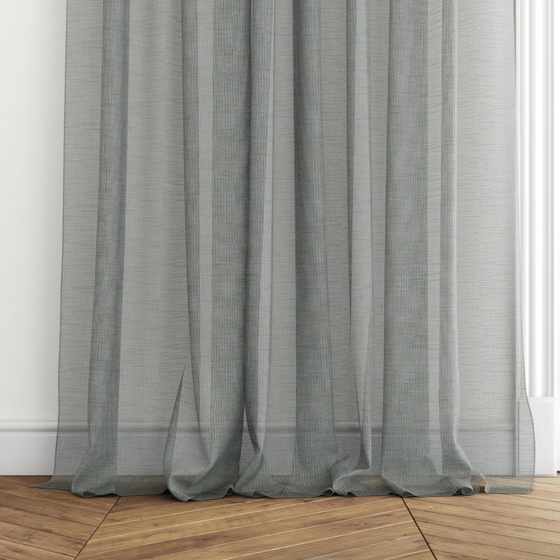 Bottom view of Radiant Petrol, puddled with pinch pleat, on curtain rod