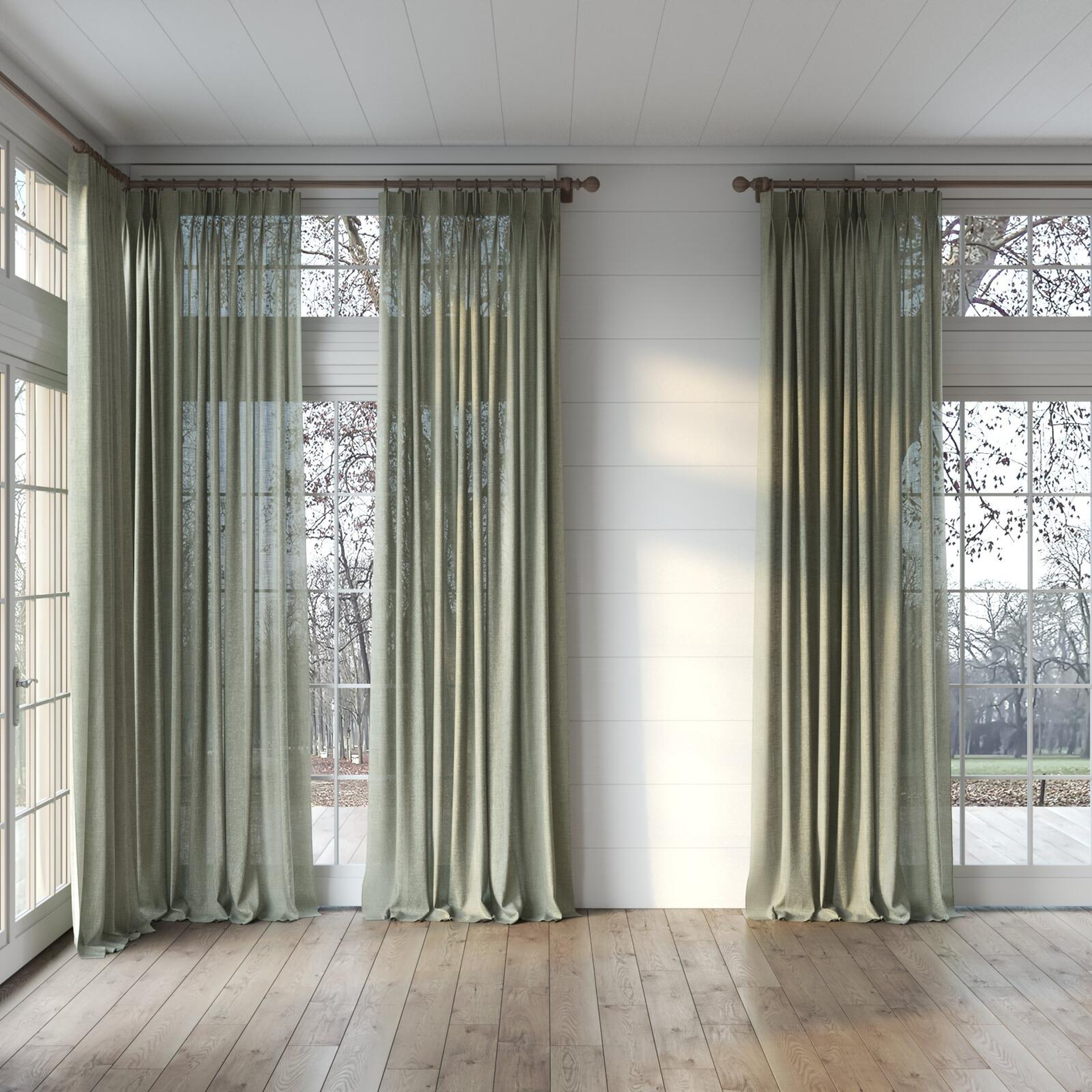 Full view of Motion Seagrass, puddled, on curtain rod