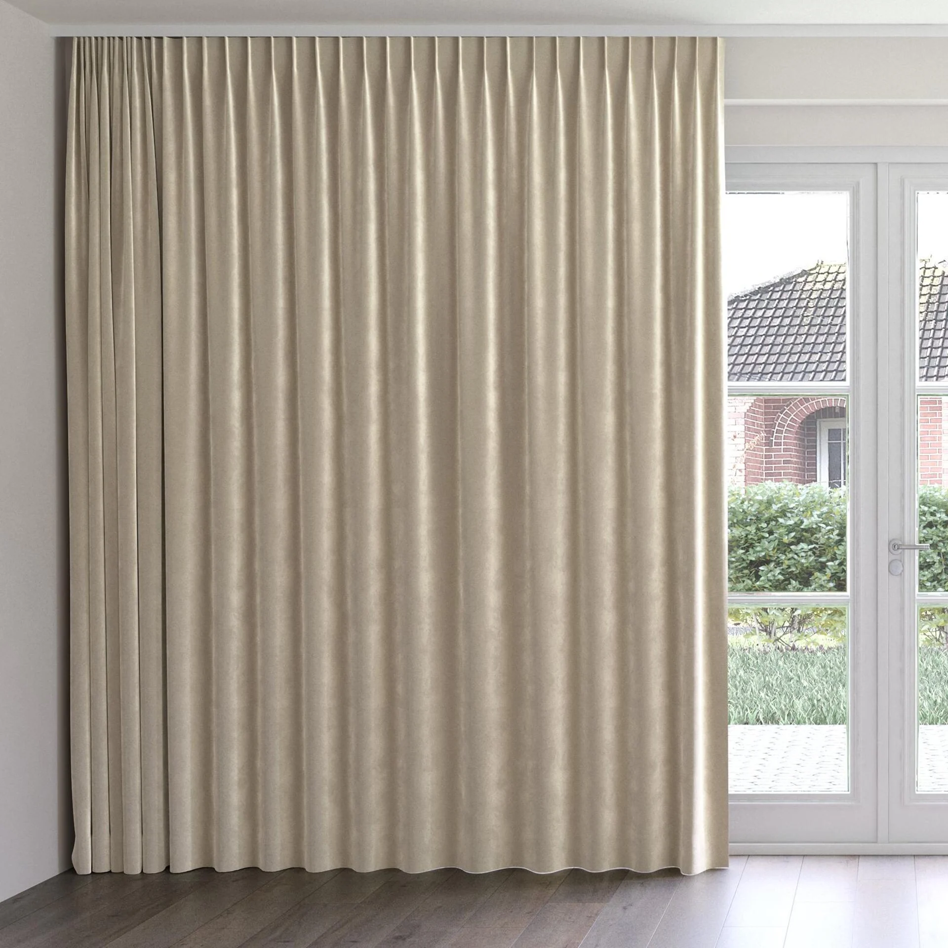 Front view of Velvelux Dune, on curtain rail