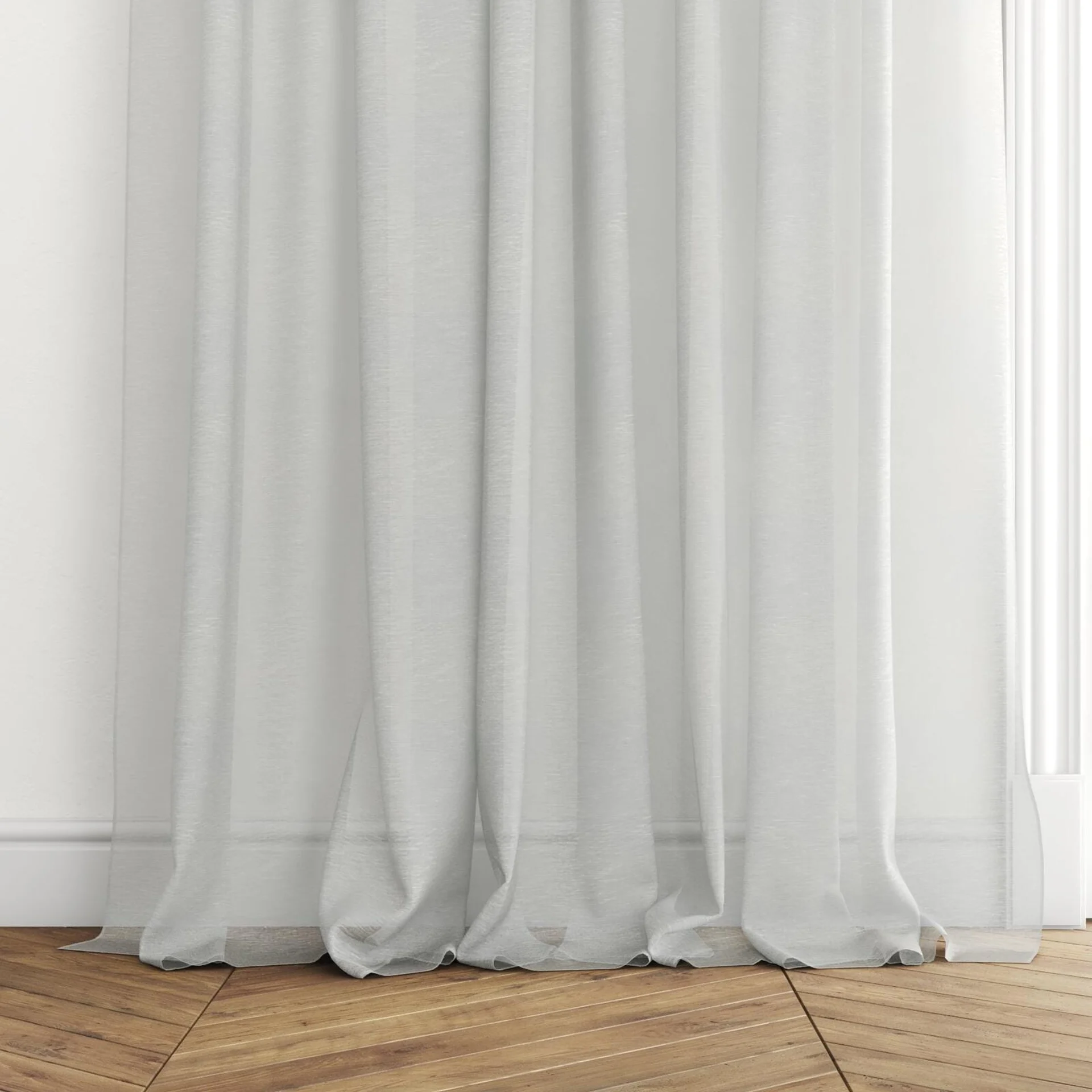 Bottom view of Locomotion Duckegg, puddled with pinch pleat, on curtain rod