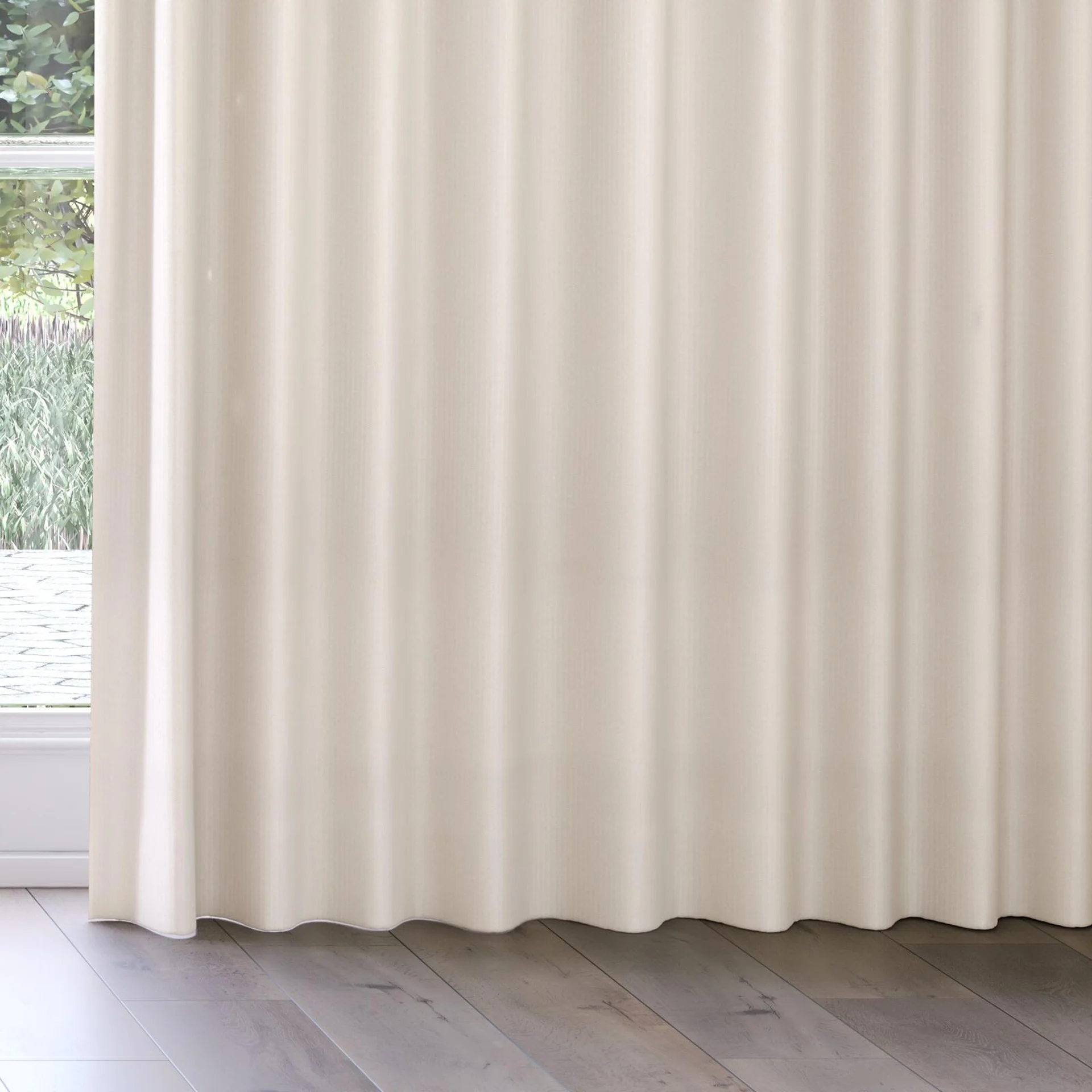 Bottom view of Temperament Ecru, on curtain rail