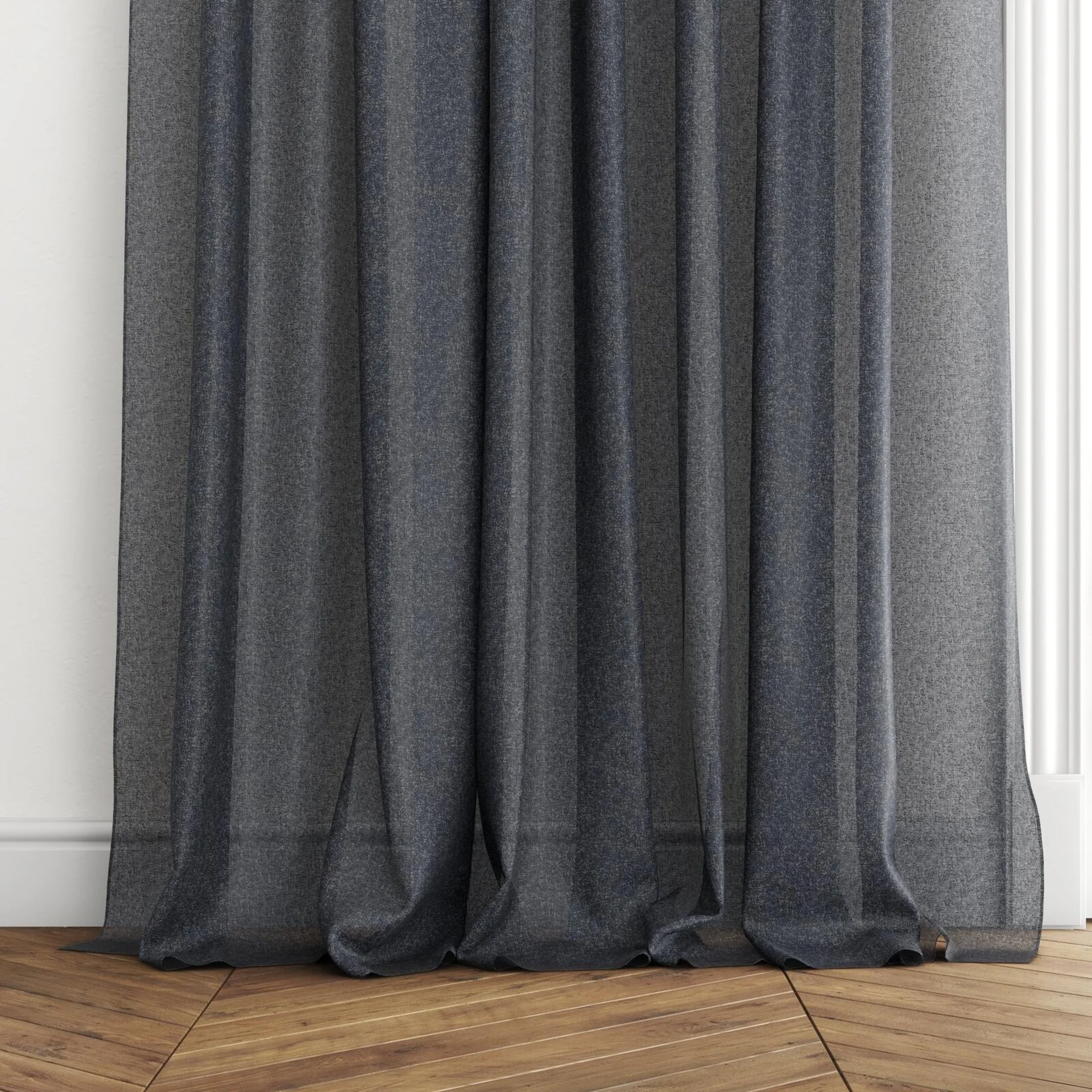 Bottom view of Girsu Onyx, puddled with pinch pleat, on curtain rod