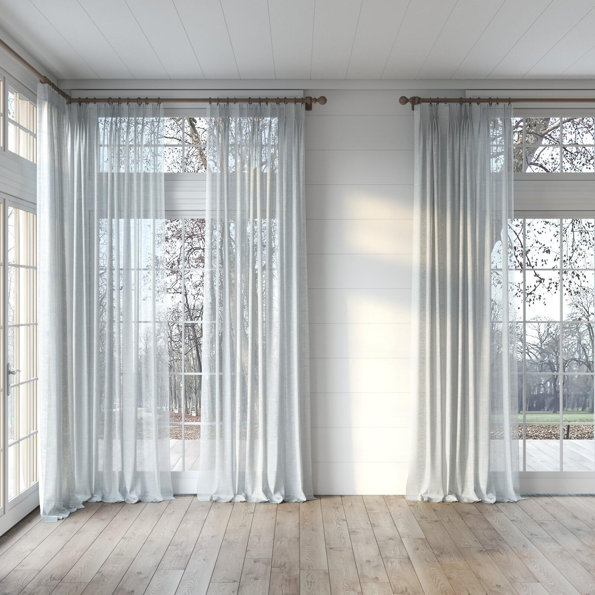 Full view of Savina Cloud, puddled, on curtain rod