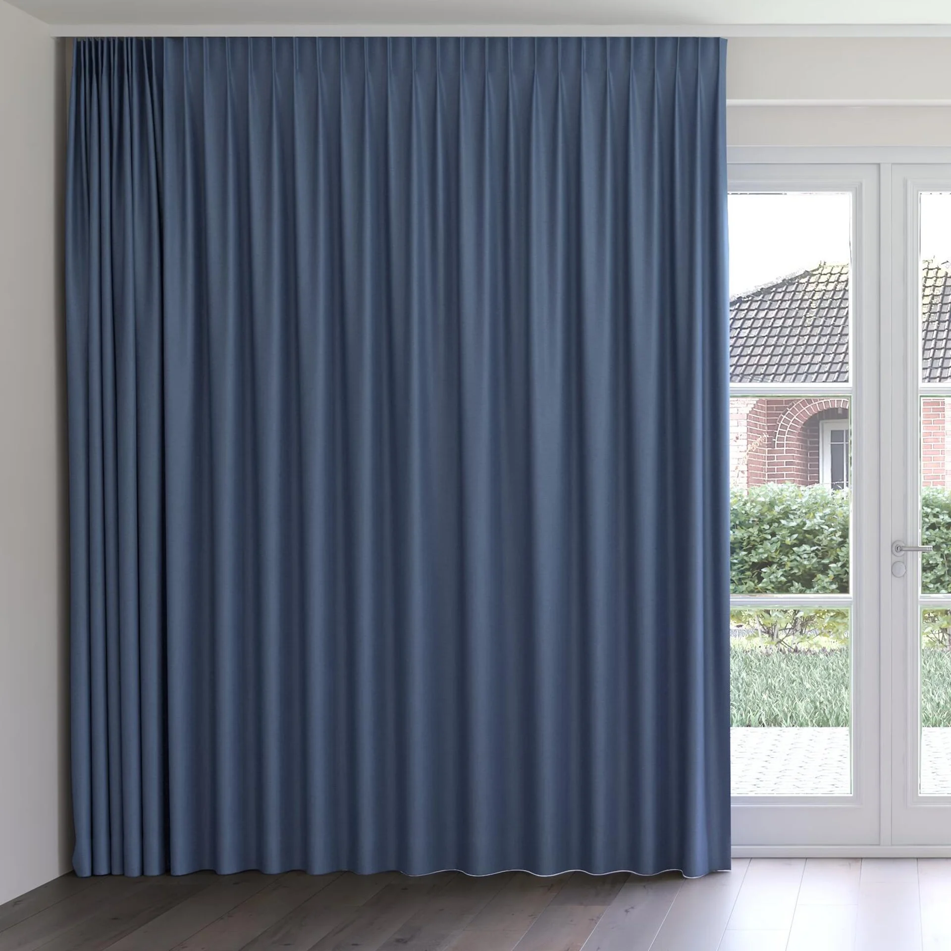 Front view of Duede Indigo, on curtain rail