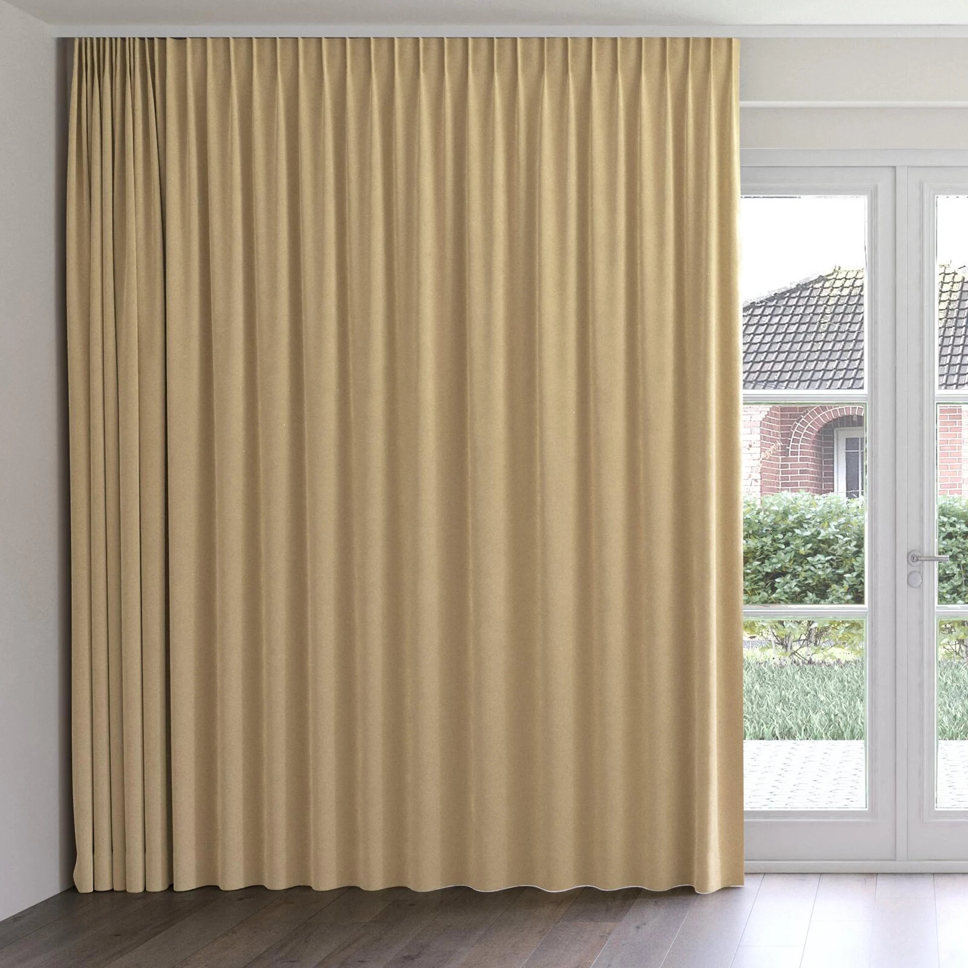 Front view of Moon Beige, on curtain rail