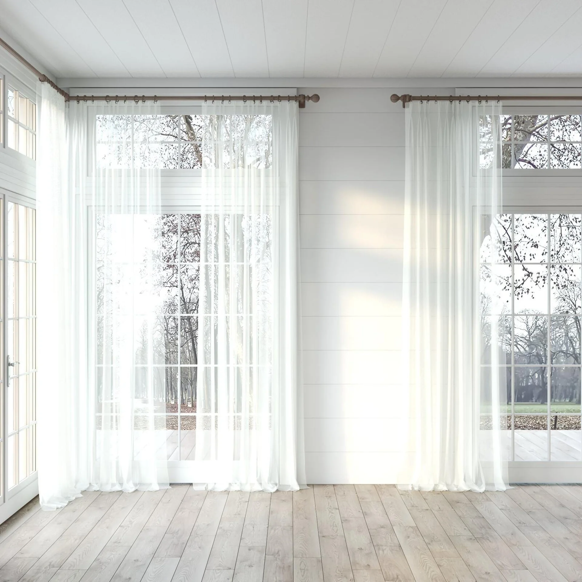 Full view of Xo Ecru, puddled, on curtain rod