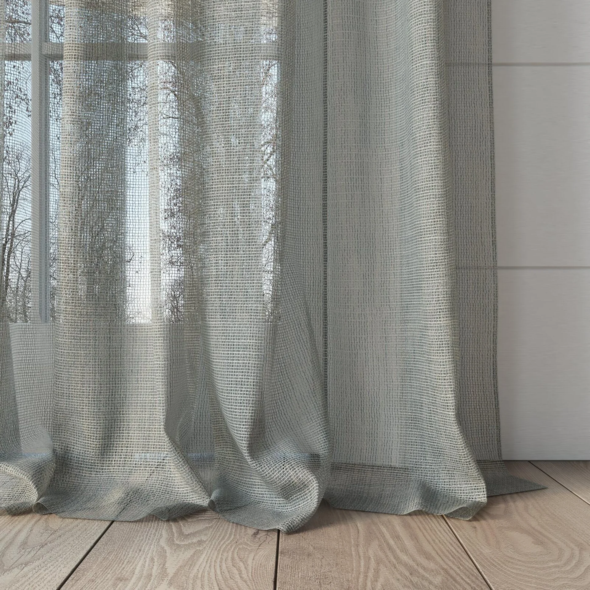 Bottom view of Radiant Mineral, puddled, on curtain rod