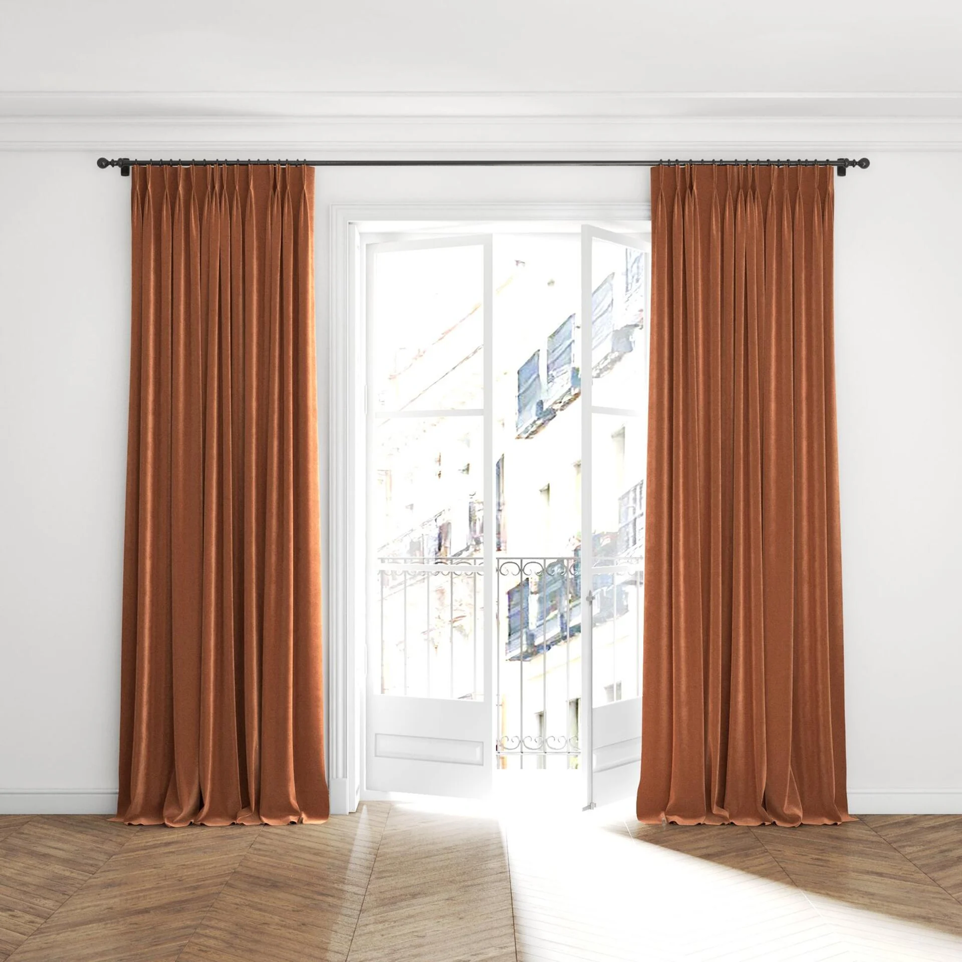 Full view of Velvelux Fox, puddled with pinch pleat, on curtain rod