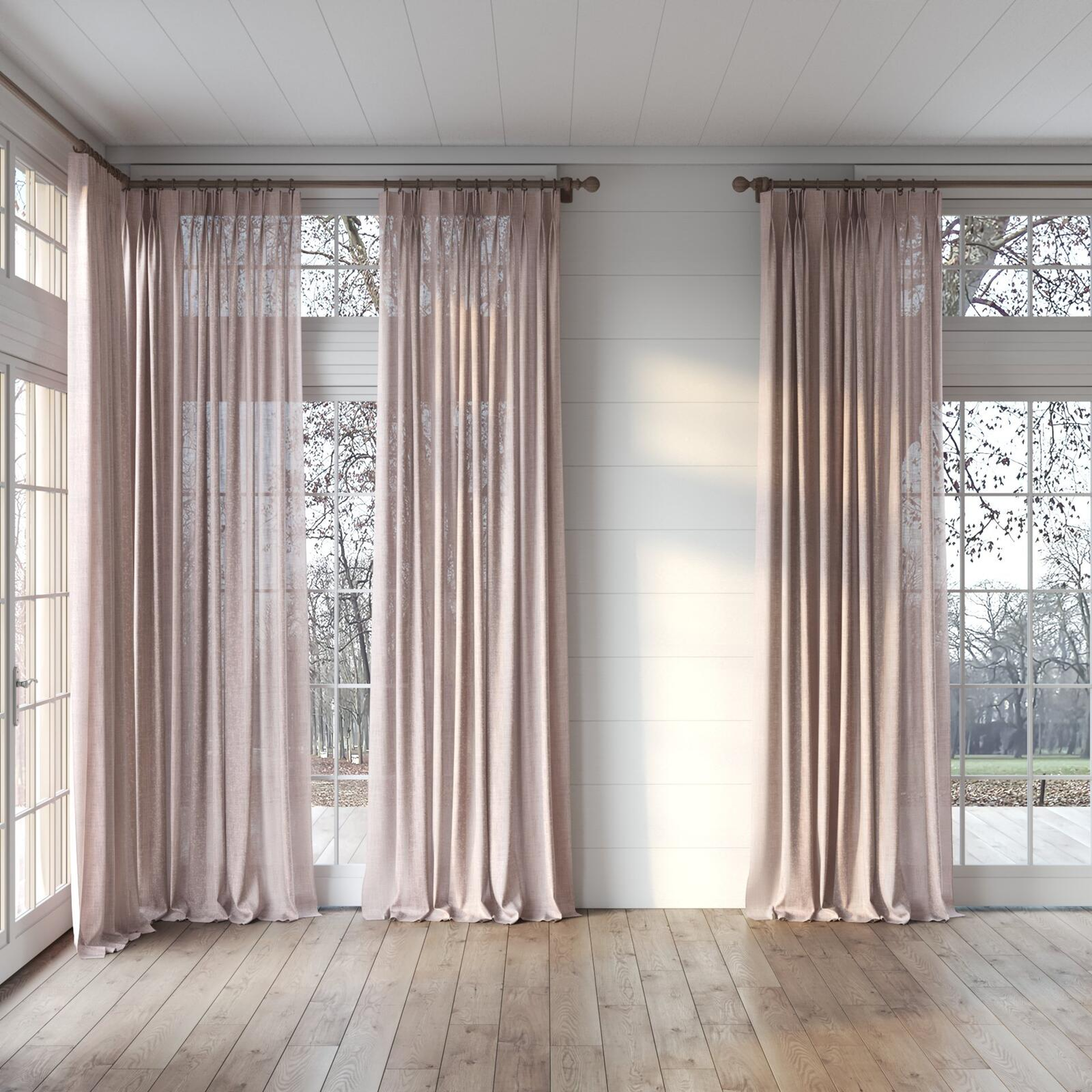 Full view of Motion Blush, puddled, on curtain rod