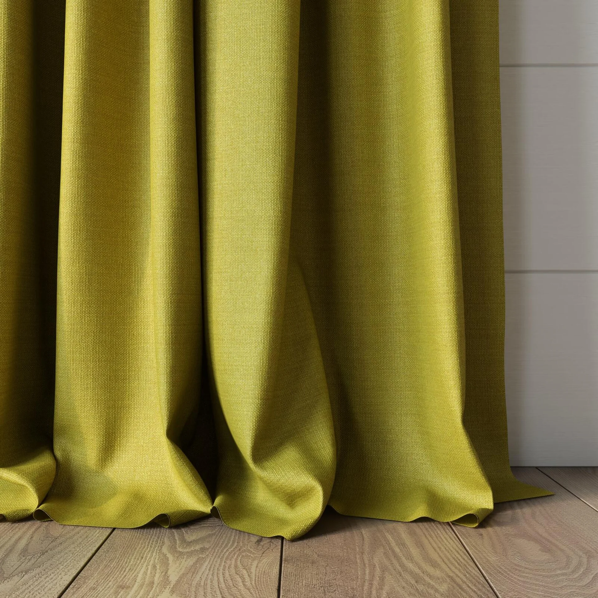 Bottom view of Linex Chartreuse, puddled, on curtain rod