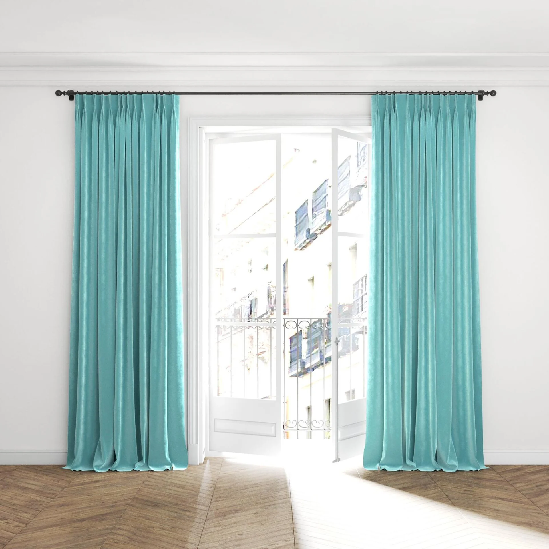 Full view of Lux Velvet Aqua 8816, puddled with pinch pleat, on curtain rod