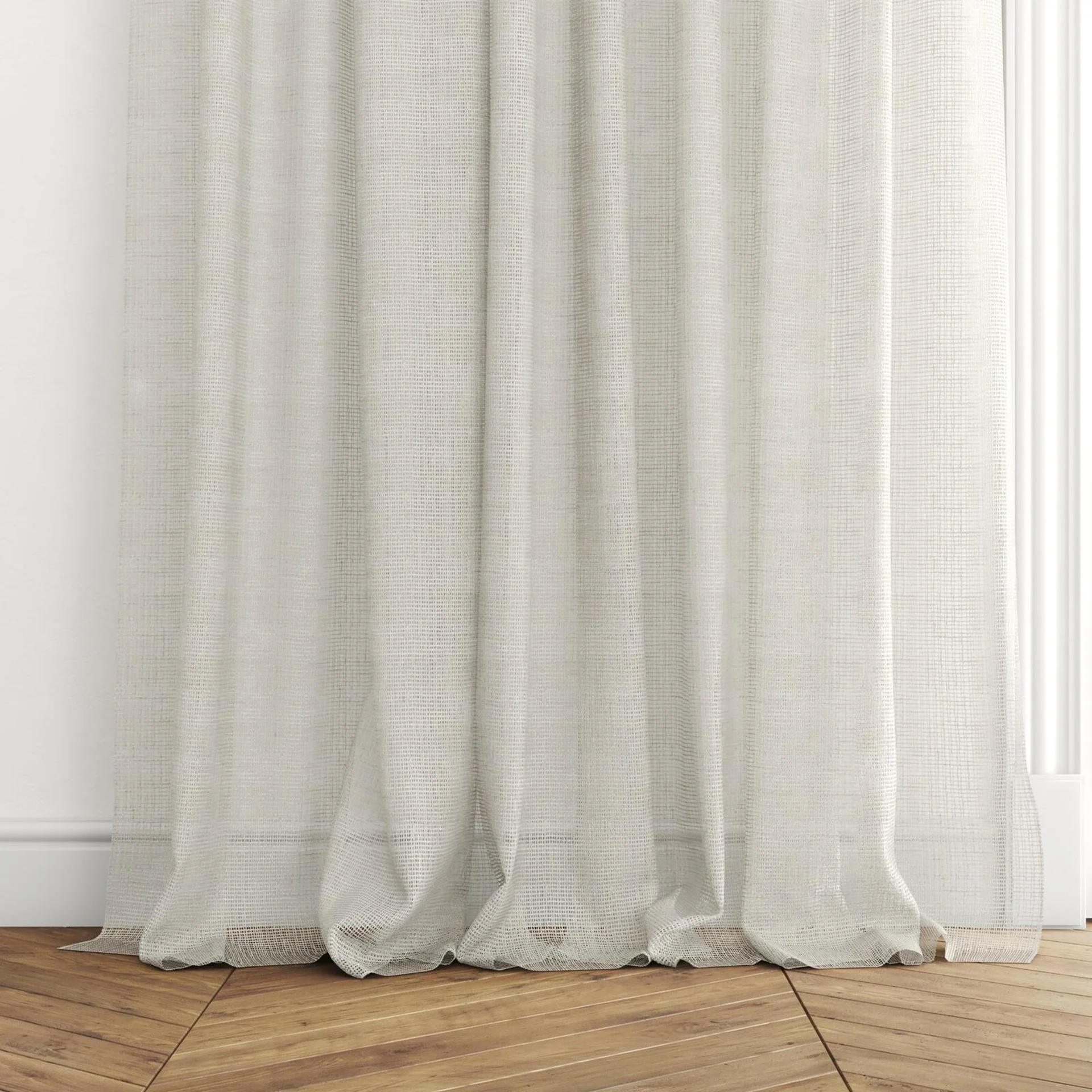 Bottom view of Jabberwocky Sesame, puddled with pinch pleat, on curtain rod