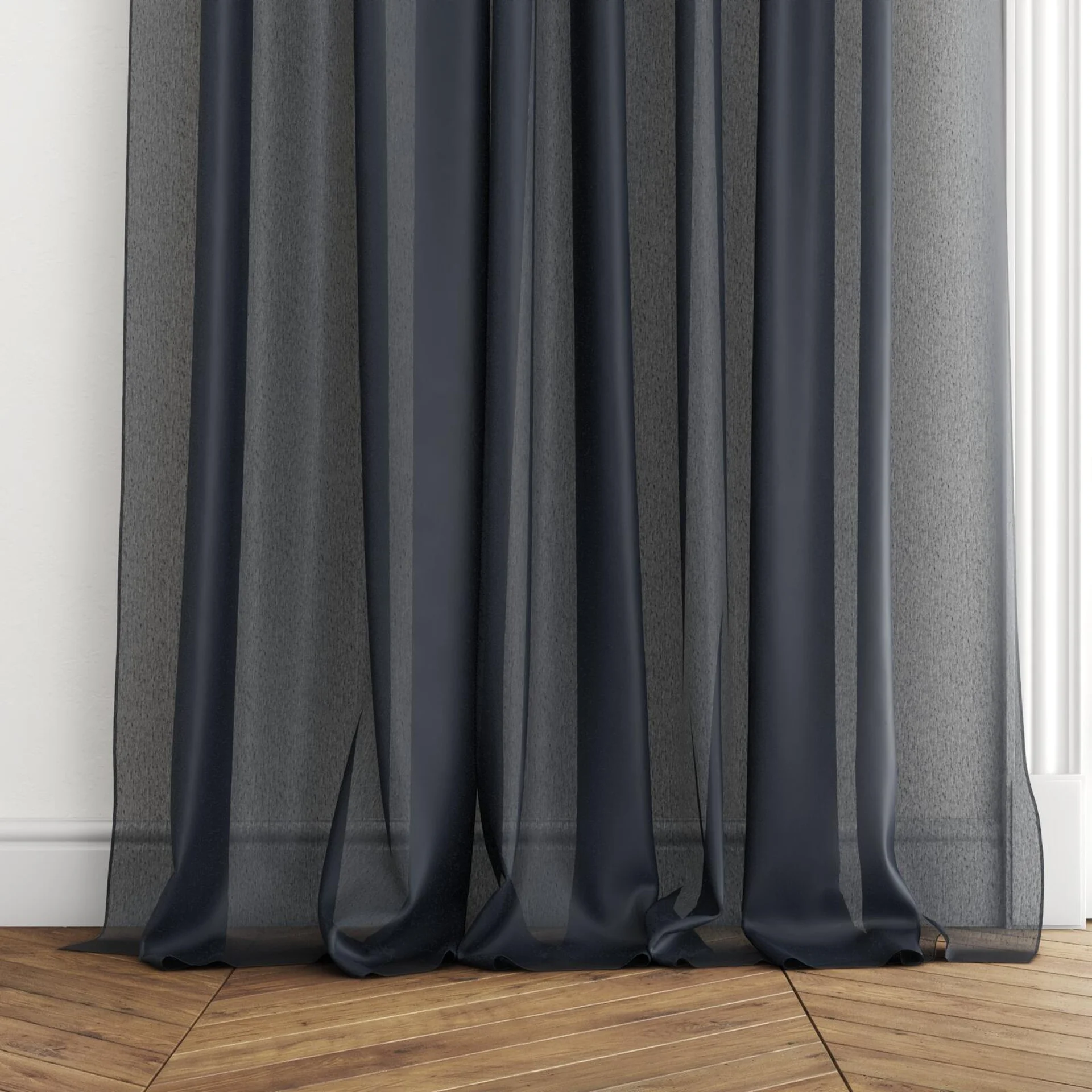 Bottom view of Malaga Onyx, puddled with pinch pleat, on curtain rod