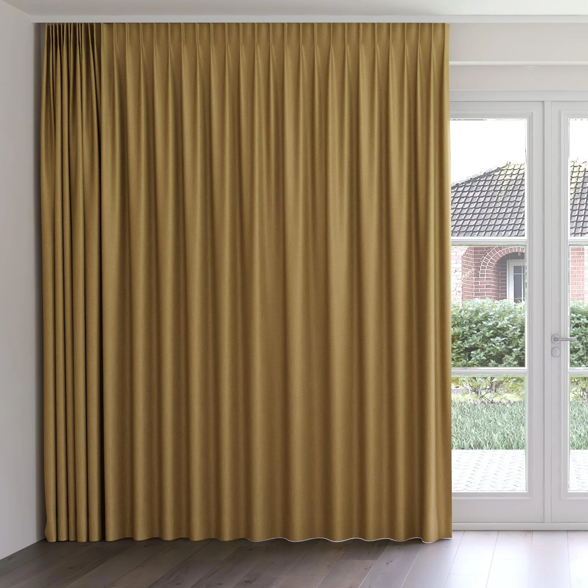 Front view of Banksia Ochre, on curtain rail