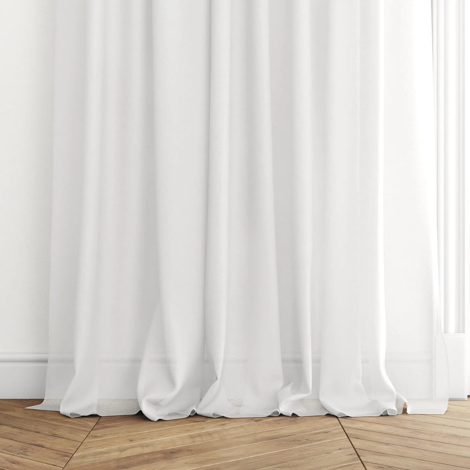 Bottom view of Alcova Snow, puddled with pinch pleat, on curtain rod