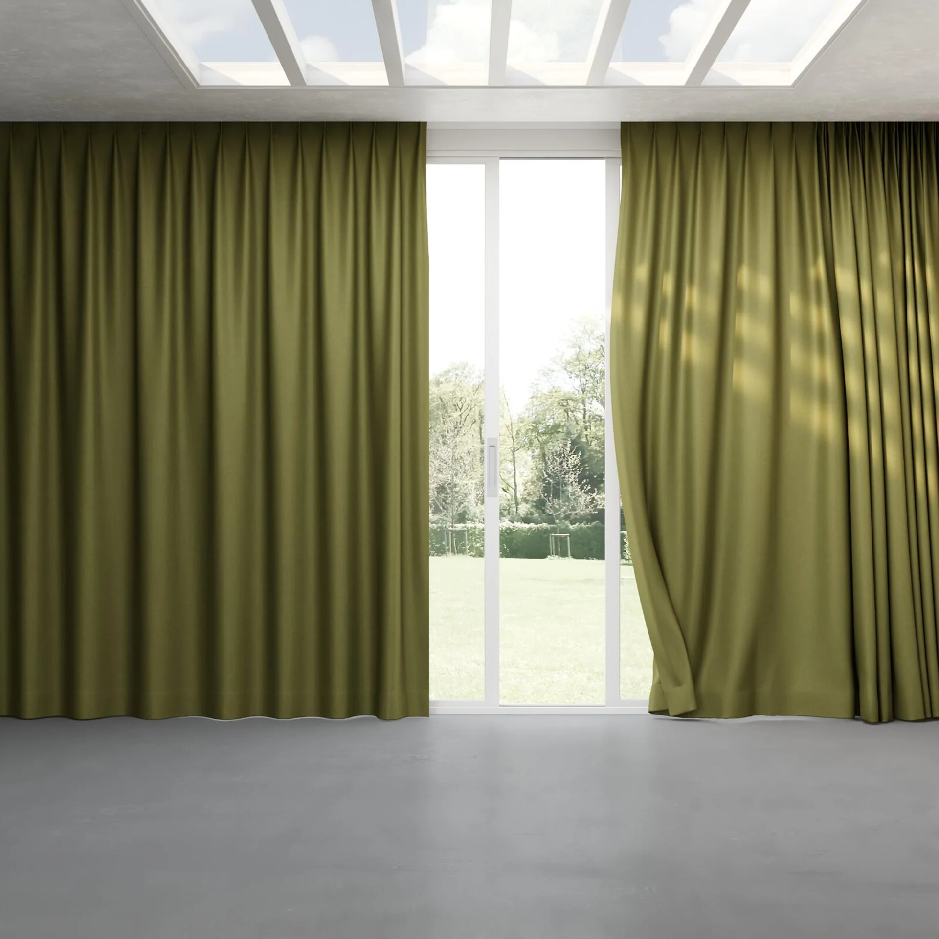 Full view of Woolly/Woolen Olive, pinch pleat