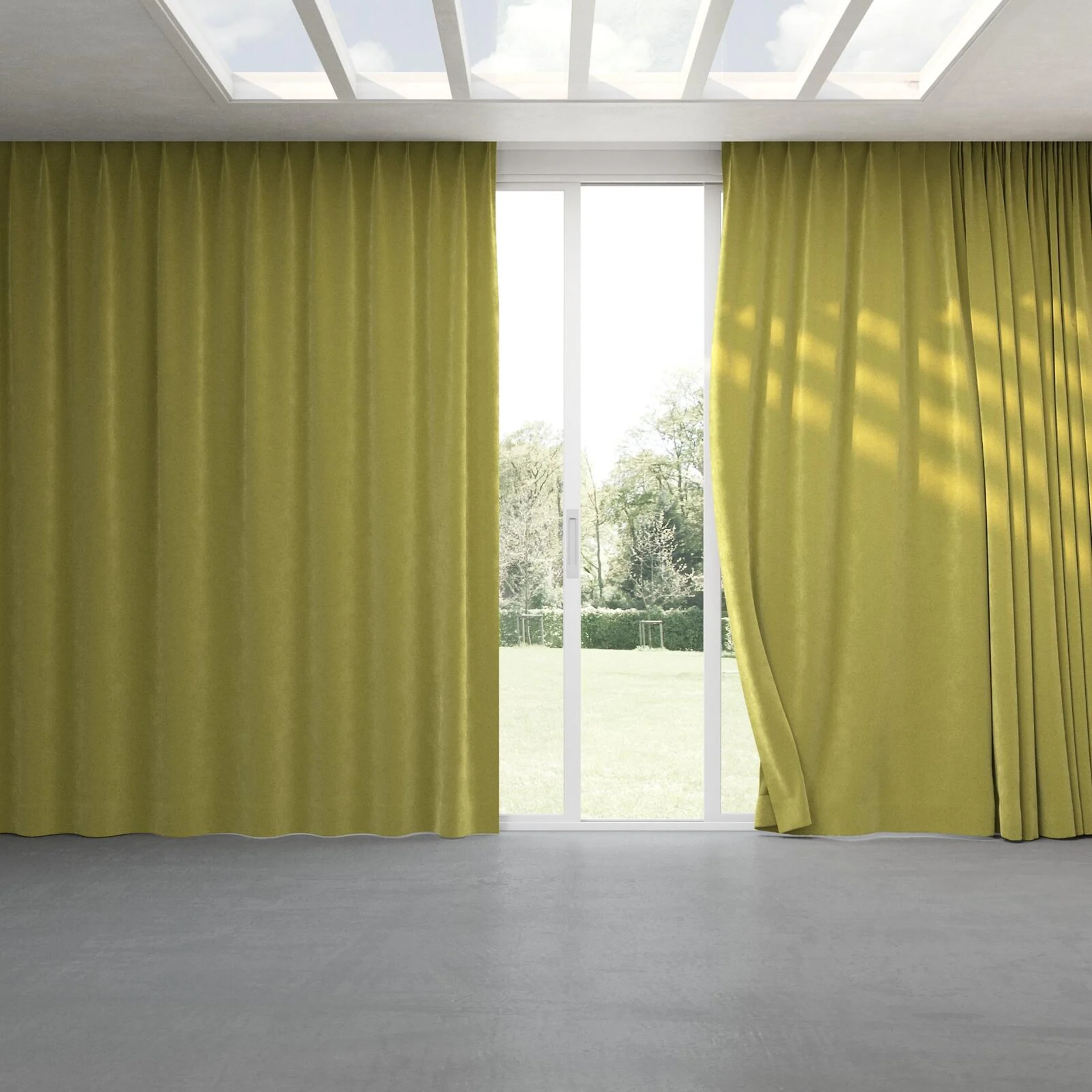 Full view of Lux Velvet Avocado 8117, pinch pleat