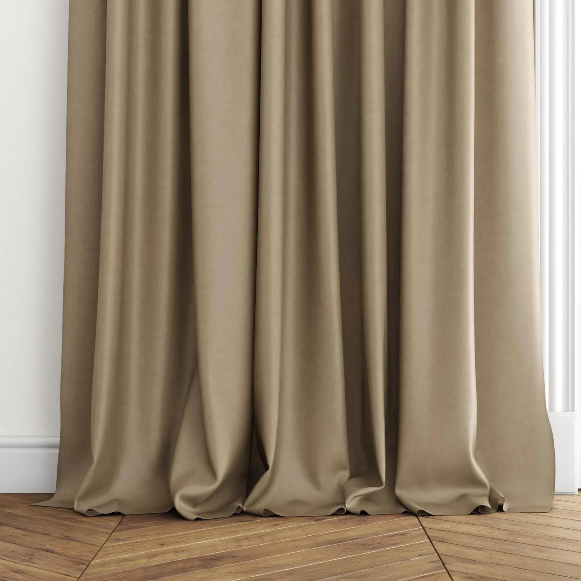 Bottom view of Flo II Chinchilla, puddled with pinch pleat, on curtain rod