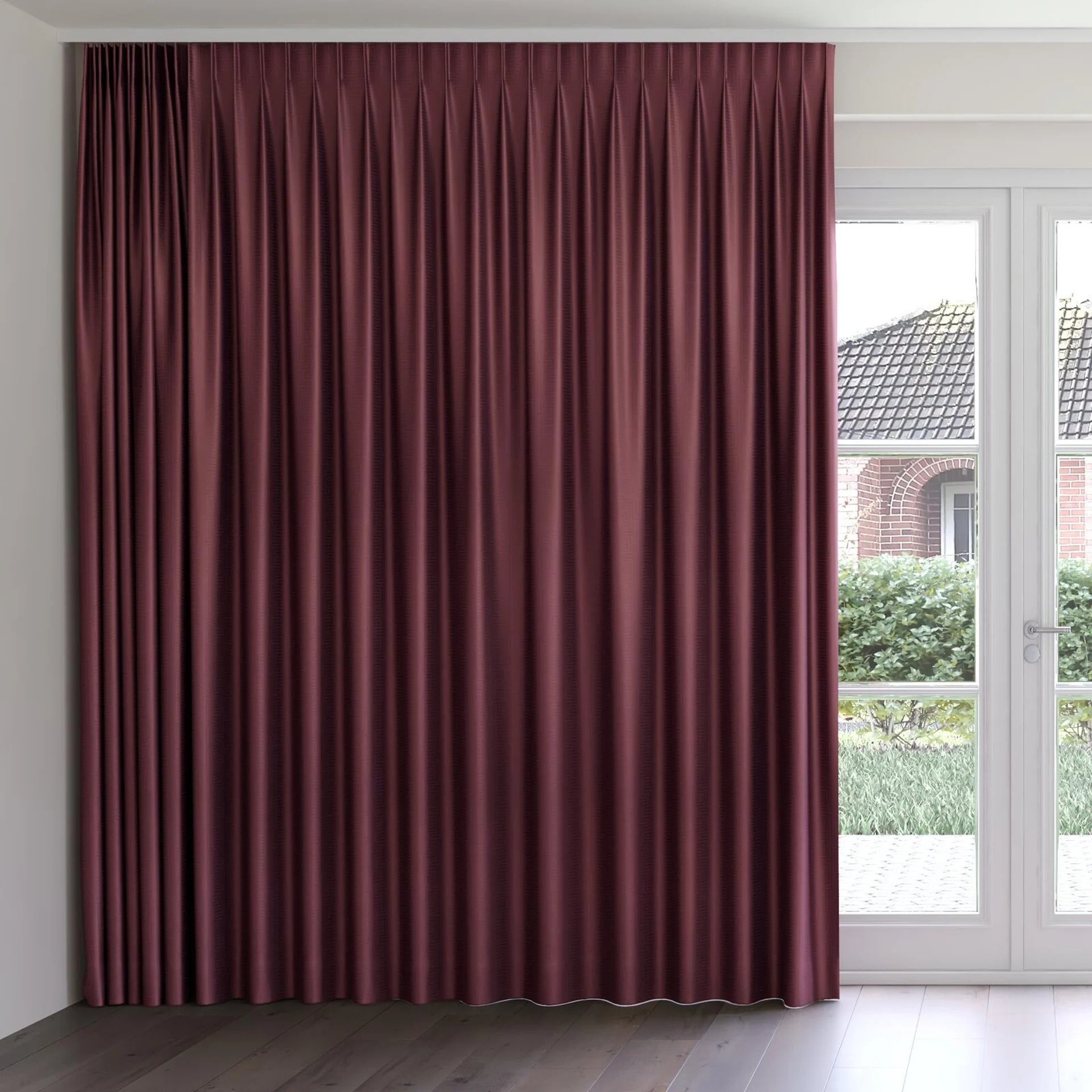 Front view of Remain Aubergine, on curtain rail