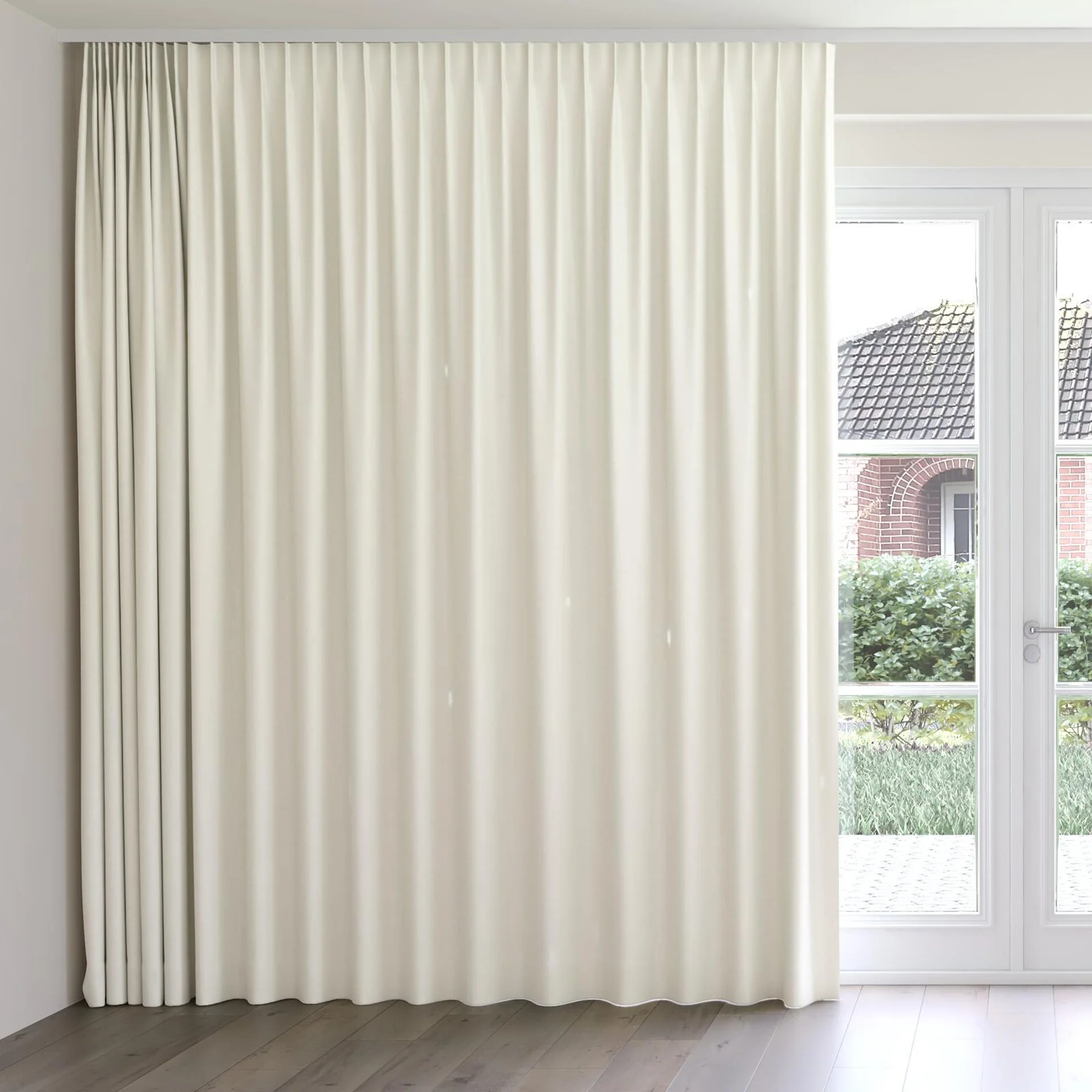 Front view of Colourwash Eco Natural, on curtain rail