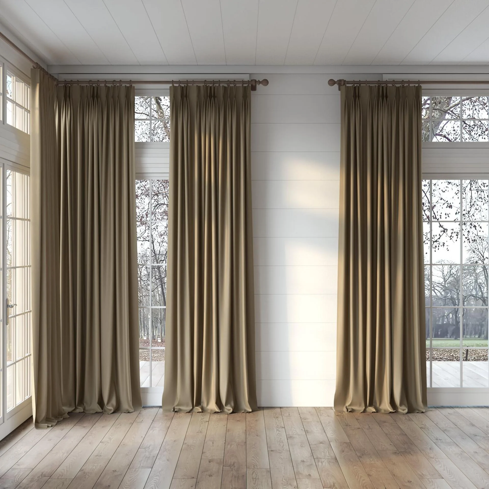 Full view of Infinite Raffia, puddled, on curtain rod