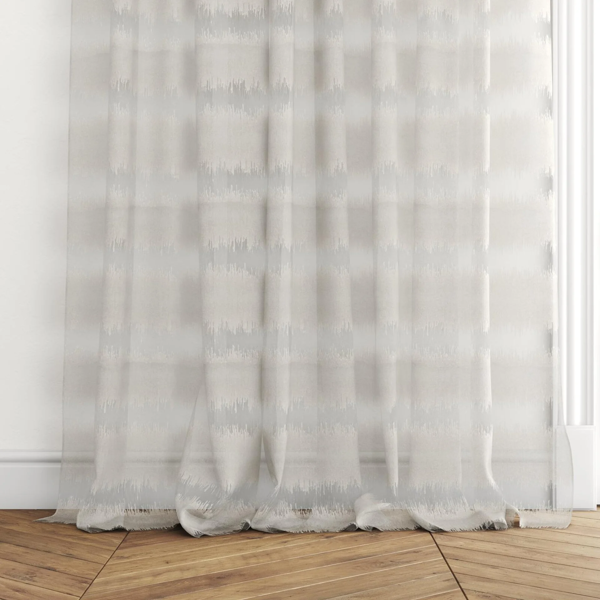 Bottom view of Speed Nougat, puddled with pinch pleat, on curtain rod