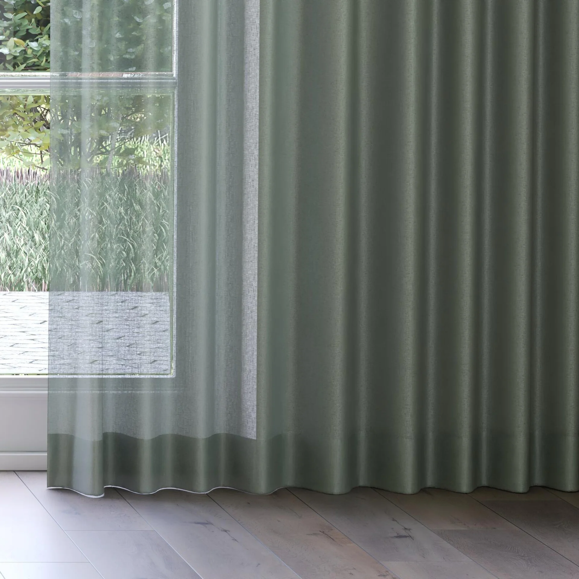 Bottom view of Kanji Teal, on curtain rail
