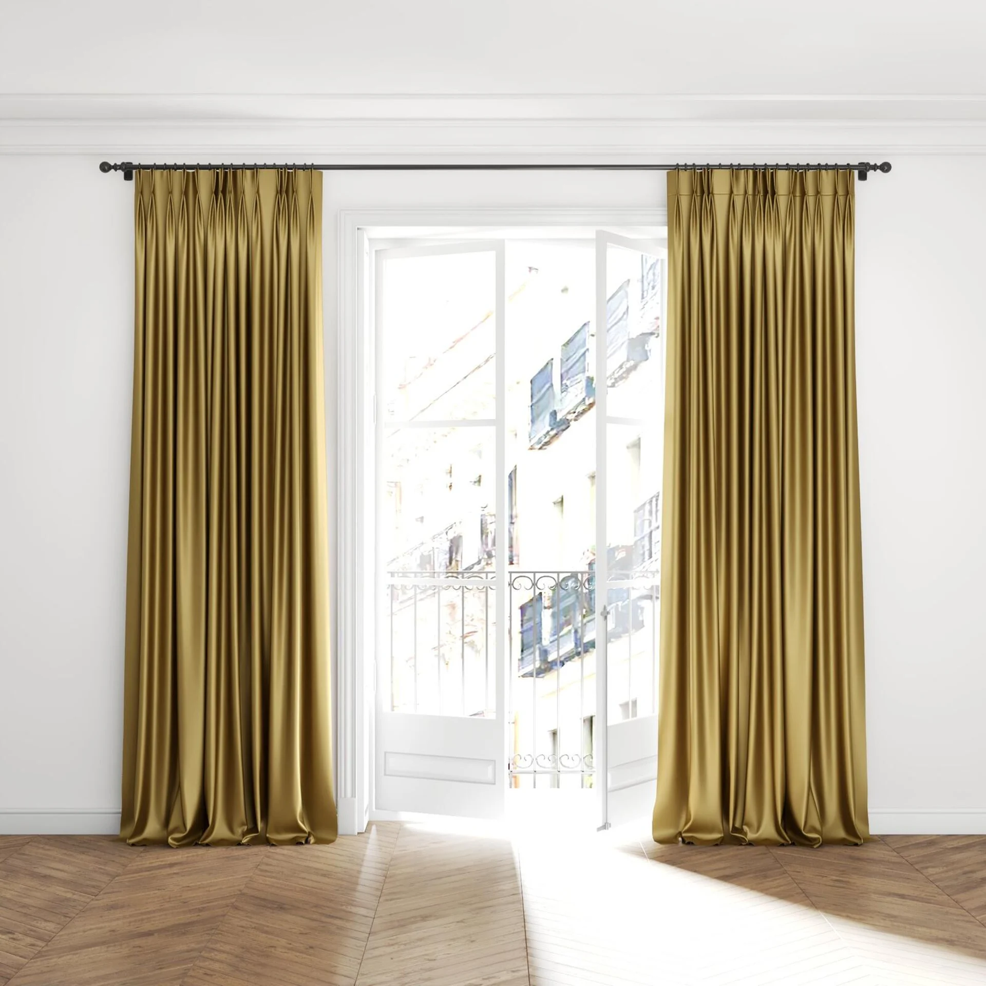 Full view of Mania Gold, puddled with pinch pleat, on curtain rod