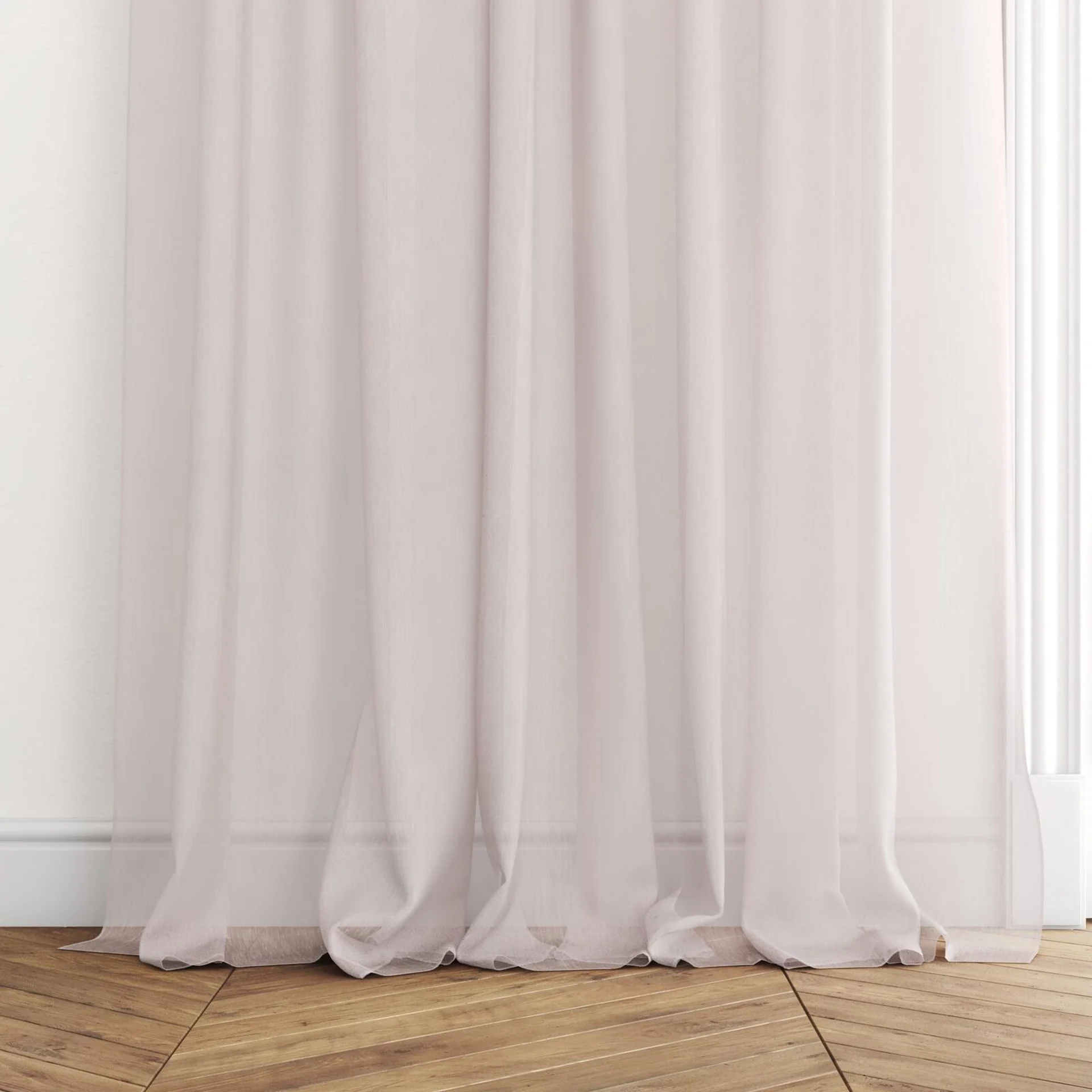 Bottom view of Aurora Blush, puddled with pinch pleat, on curtain rod
