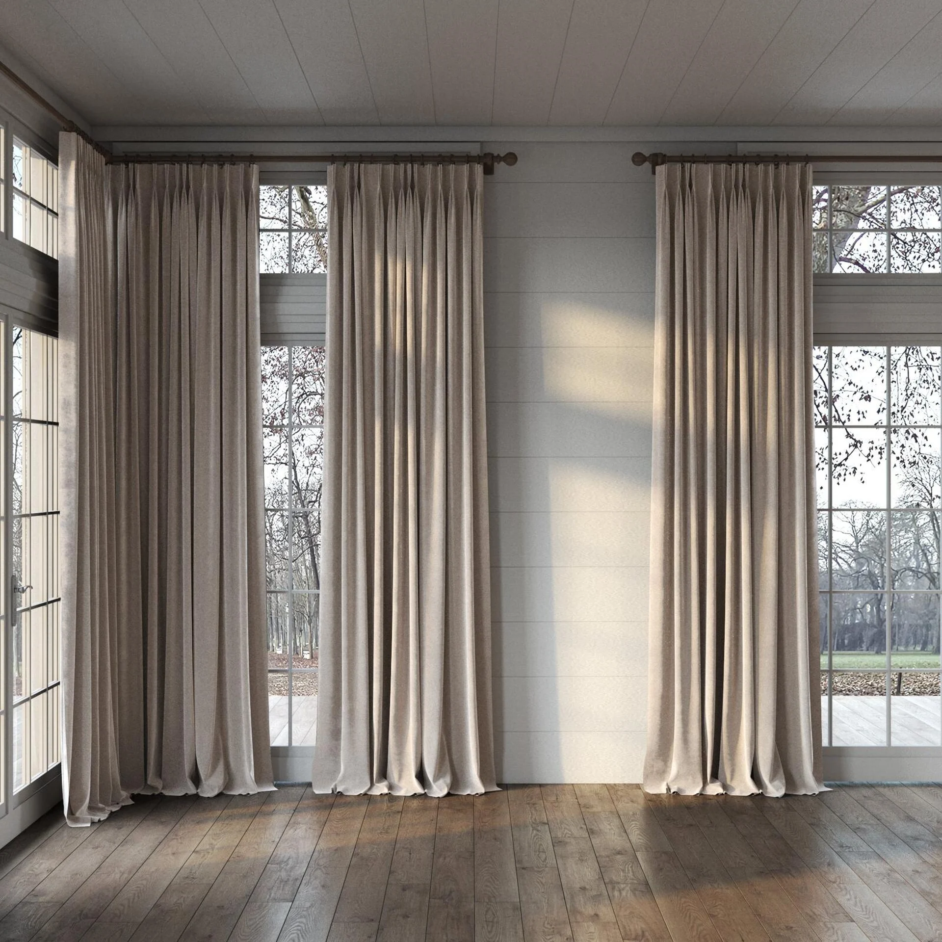Full view of Geneva Taupe, puddled, on curtain rod