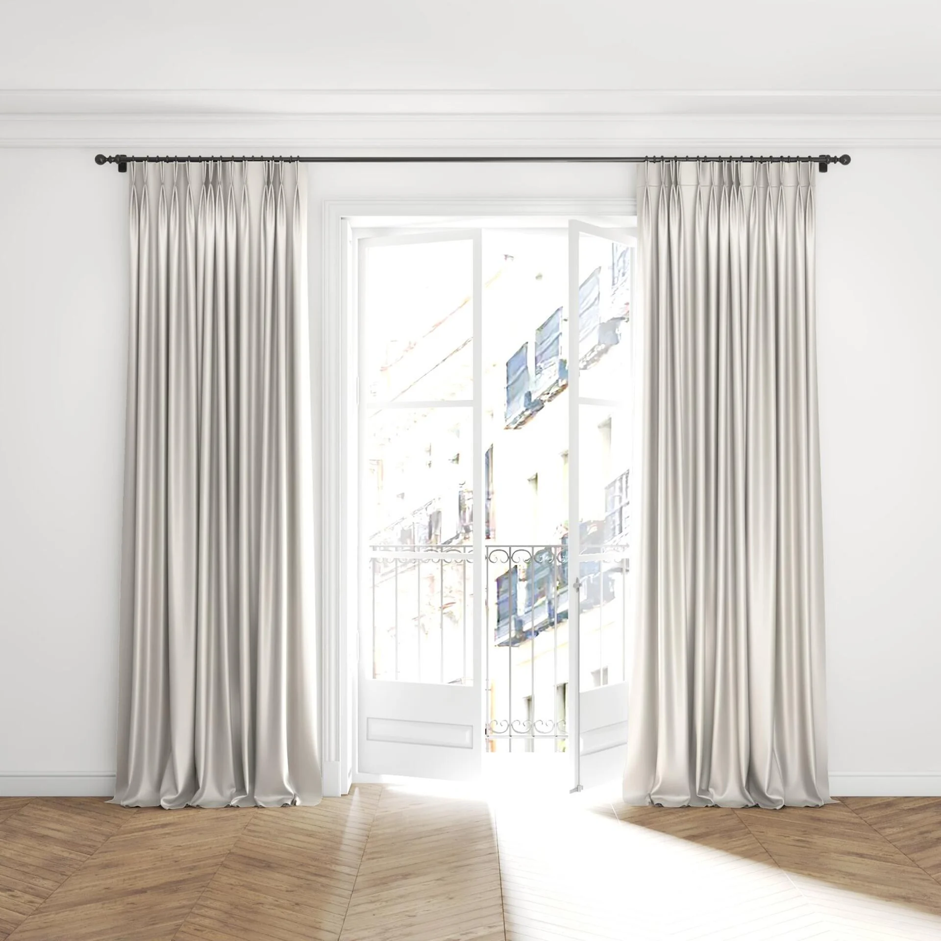 Full view of Sleek Parchment, puddled with pinch pleat, on curtain rod
