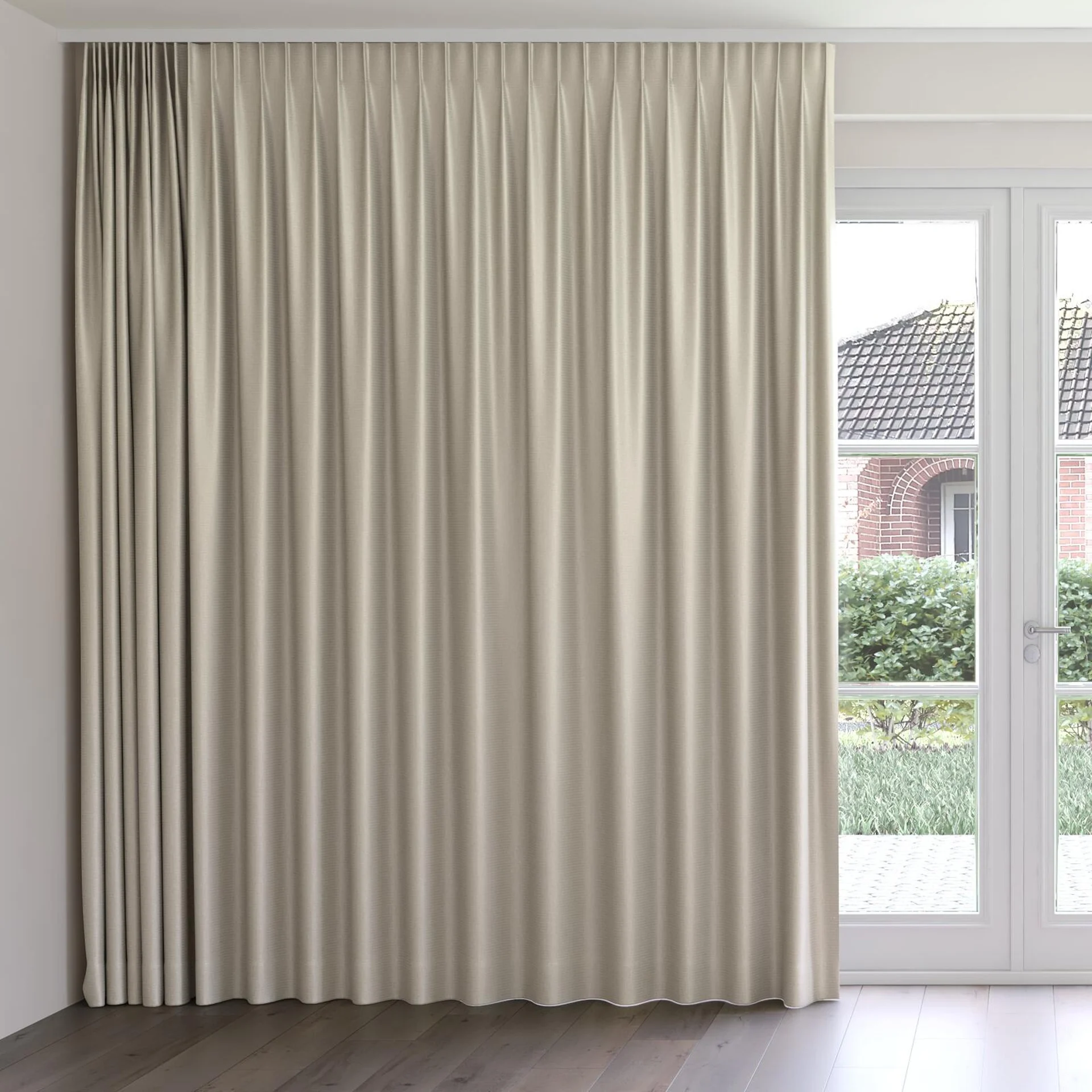 Front view of Kennedy II Blackout Nude, on curtain rail
