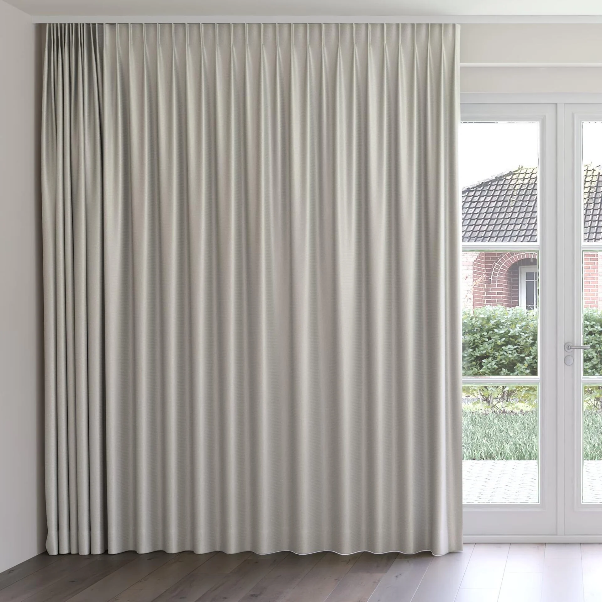 Front view of Kennedy II Blackout Driftwood, on curtain rail