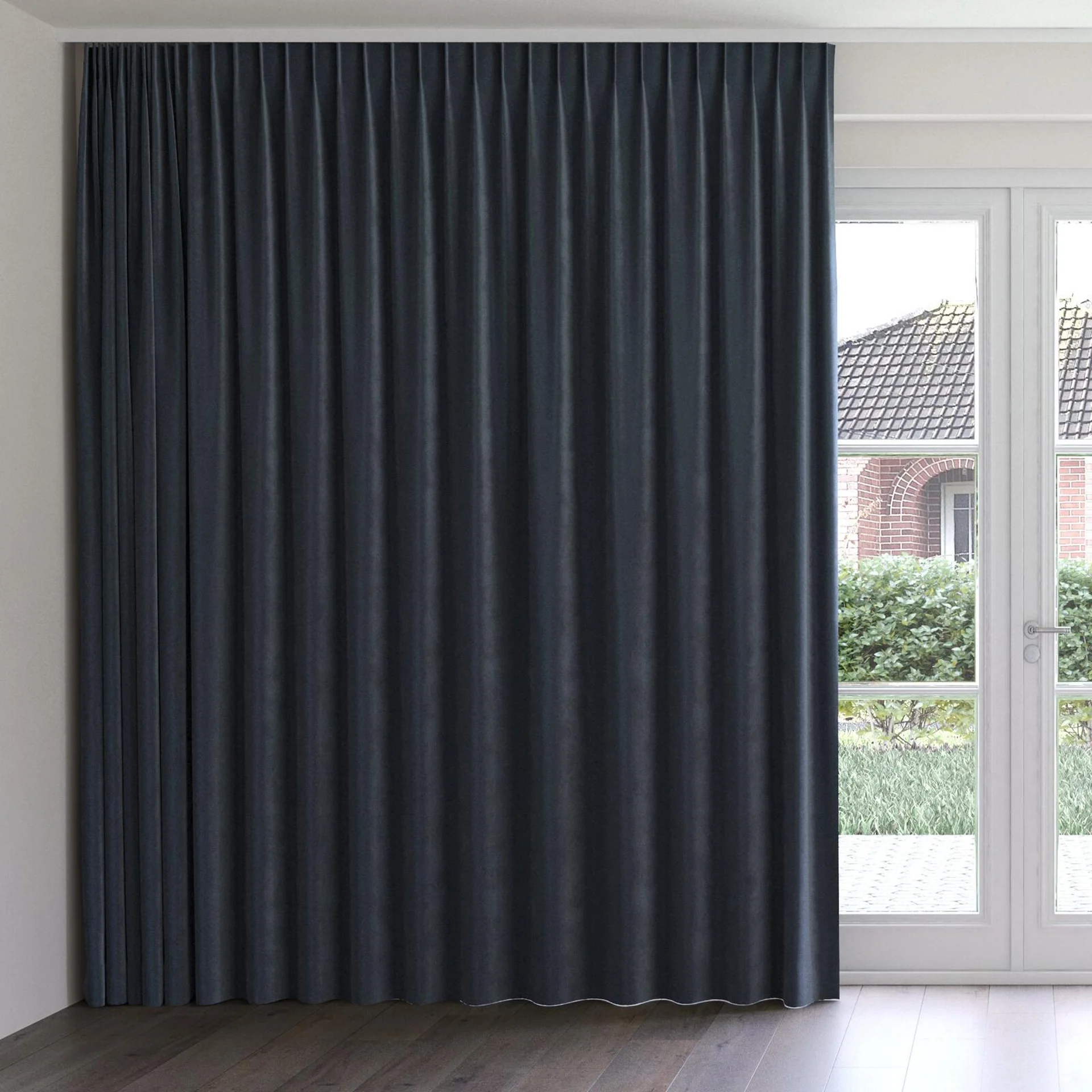 Front view of Velvelux Liquorice, on curtain rail