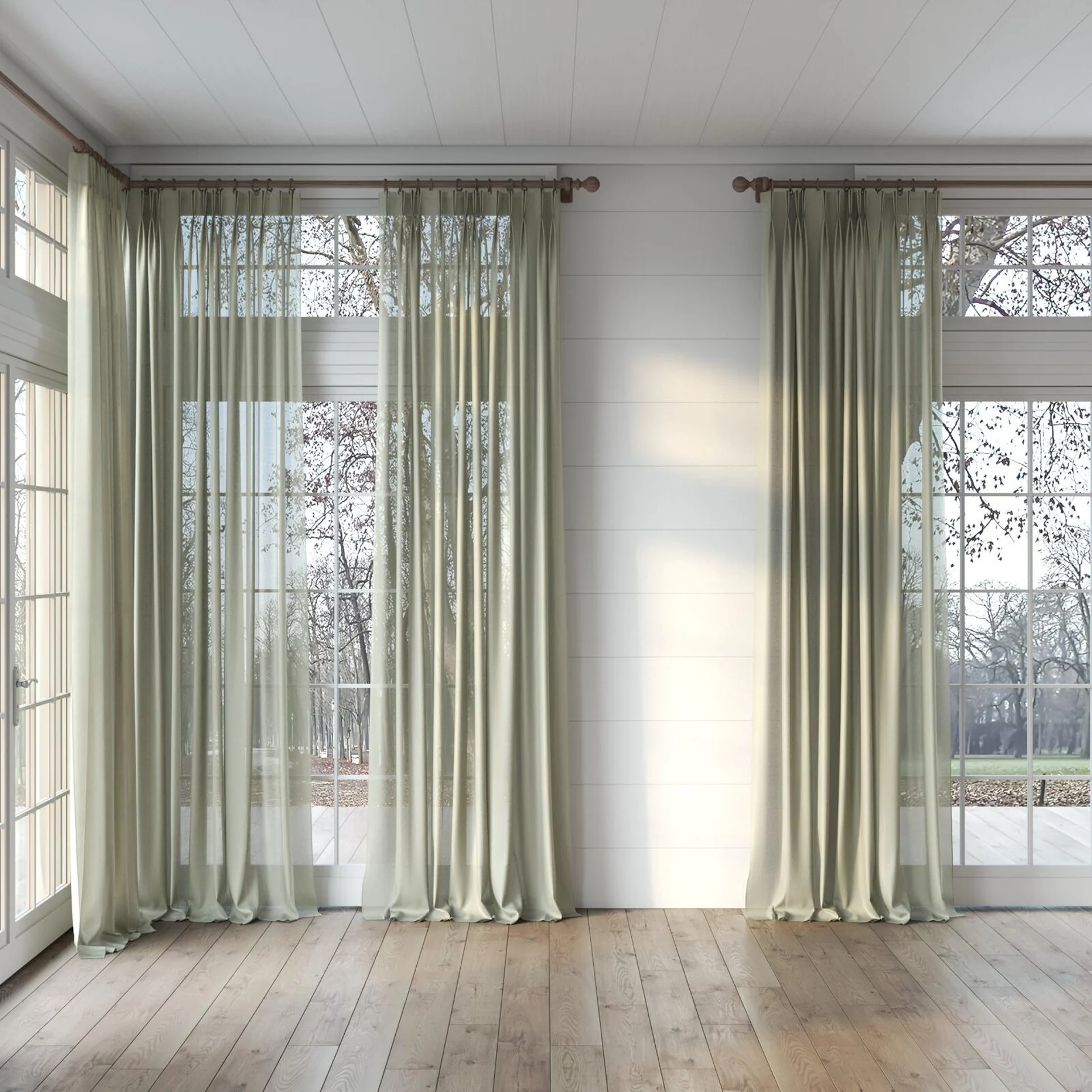 Full view of Jaba Linden, puddled, on curtain rod