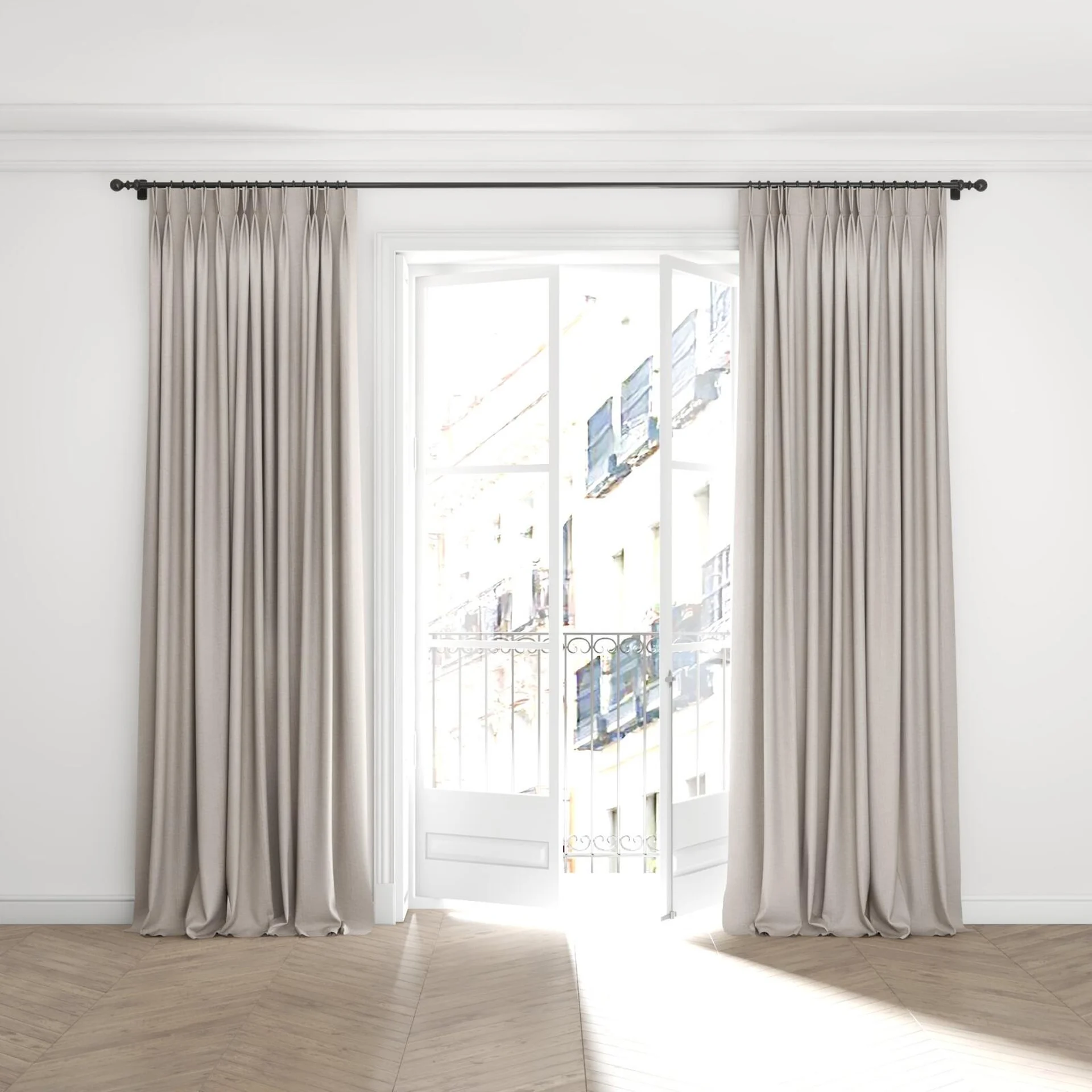Full view of Casual Lilac, puddled with pinch pleat, on curtain rod