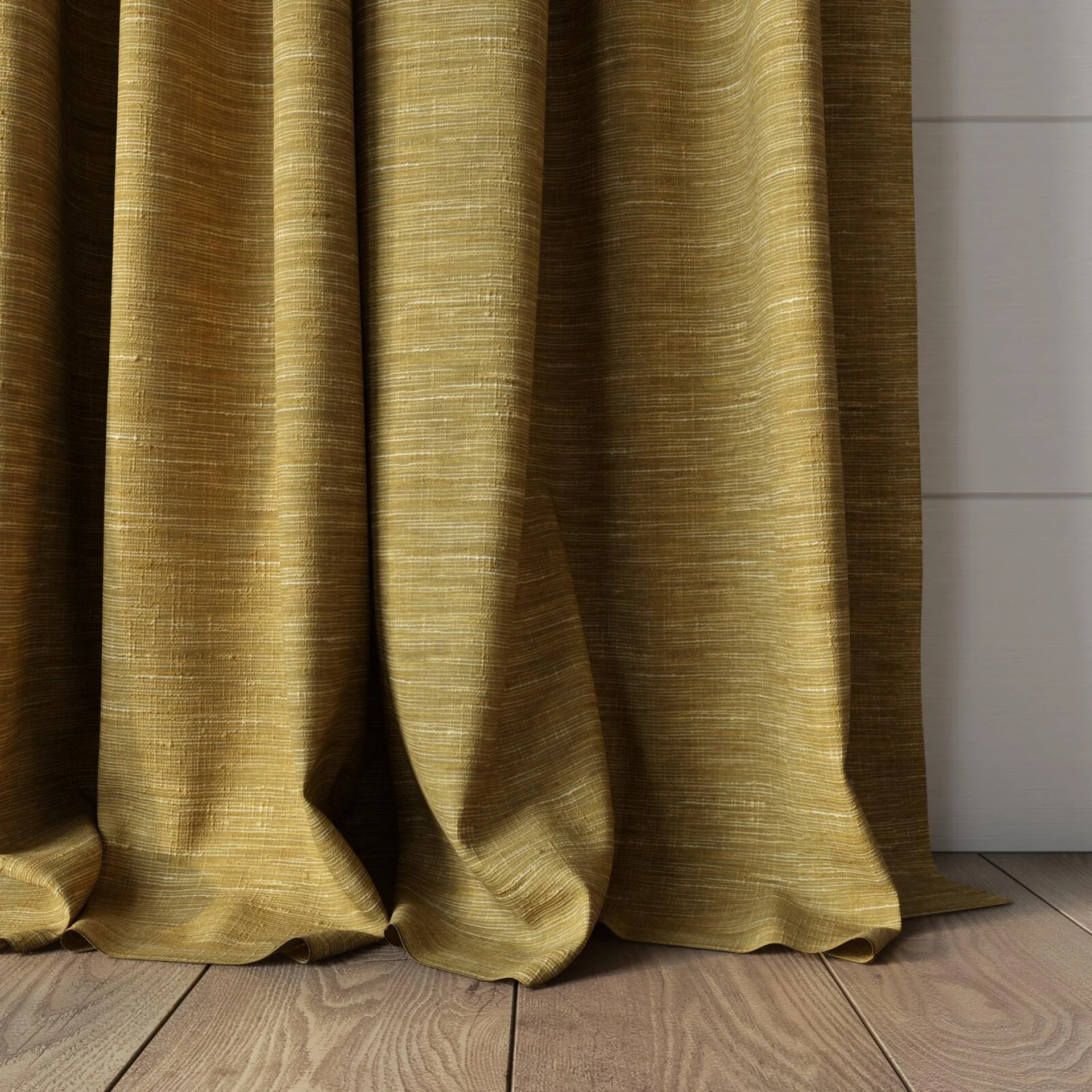Bottom view of Venus Dijon, puddled, on curtain rod