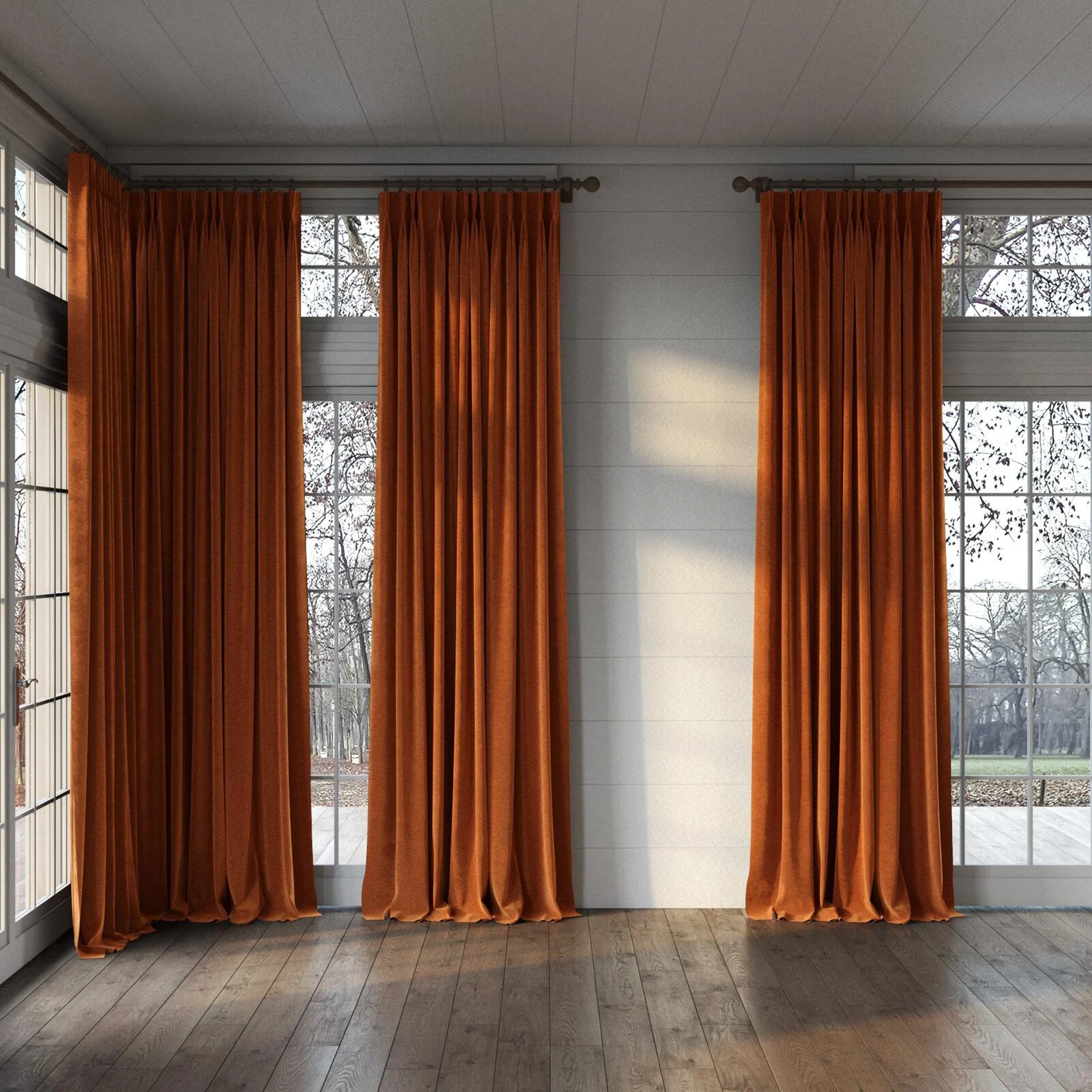 Full view of Geneva Pumpkin, puddled, on curtain rod