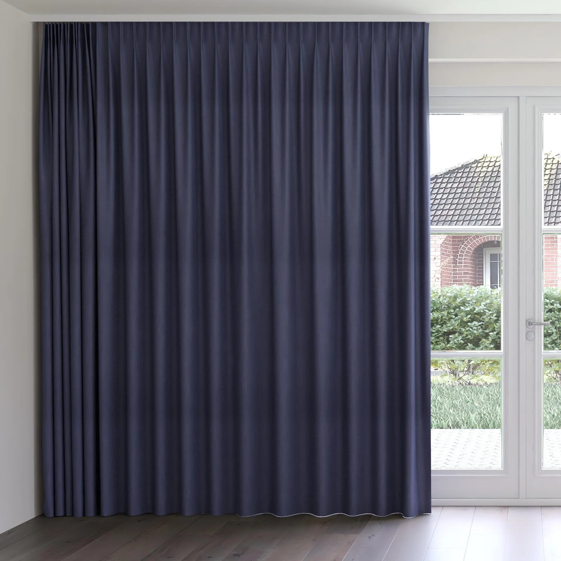 Front view of Lexicon Indigo, on curtain rail