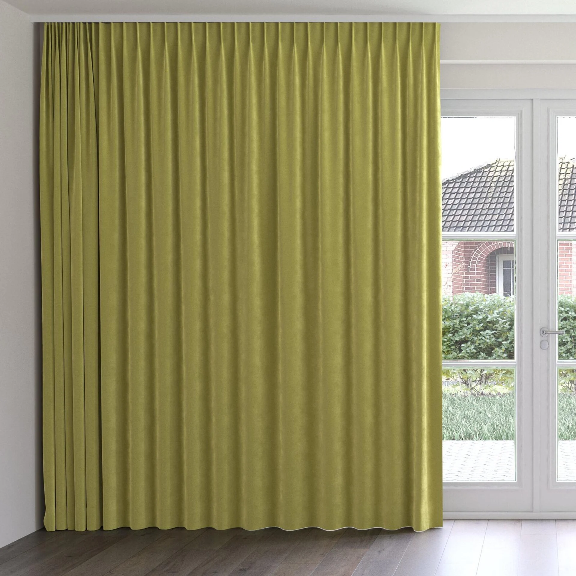 Front view of Lux Velvet Avocado 8117, on curtain rail