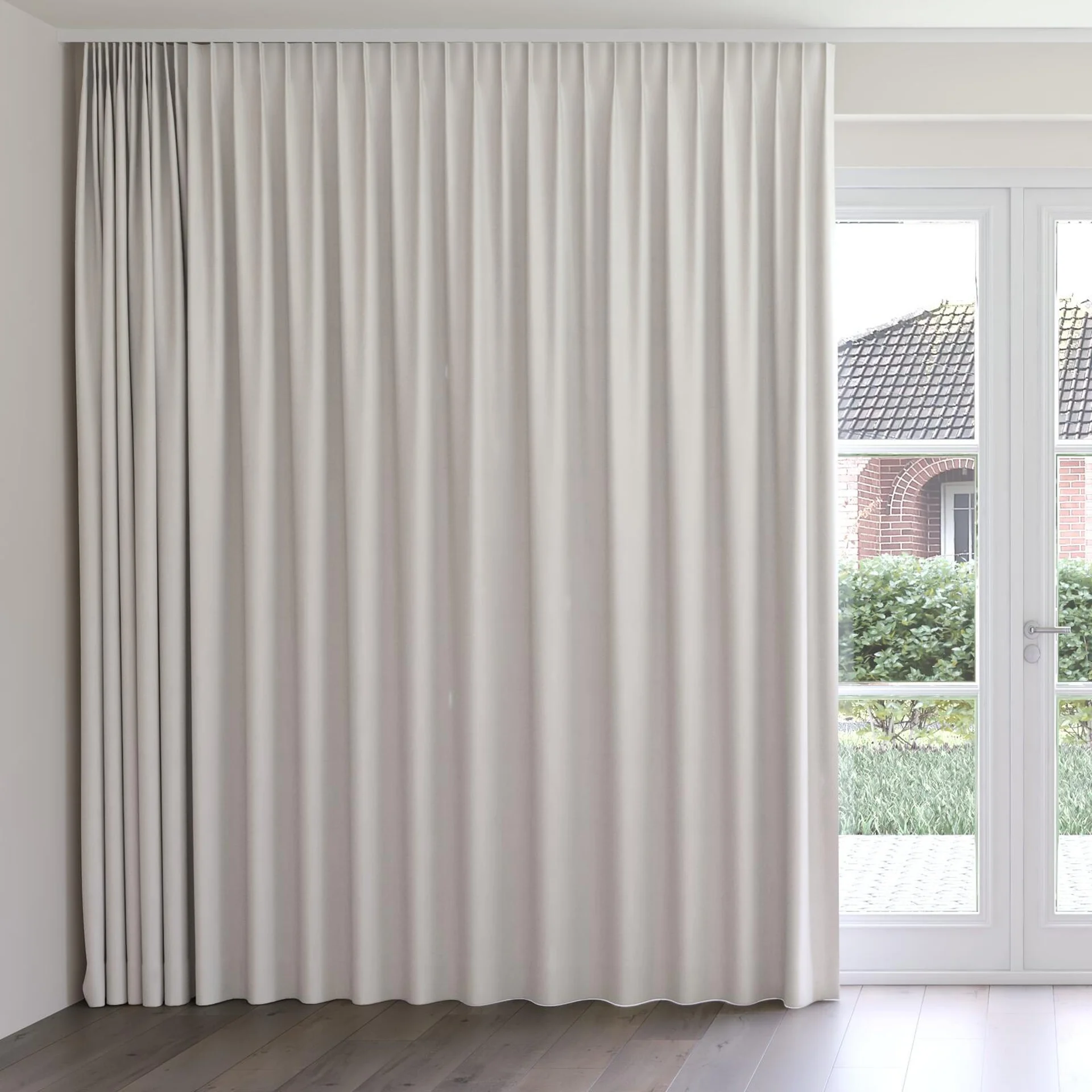 Front view of Darkness Flax, on curtain rail