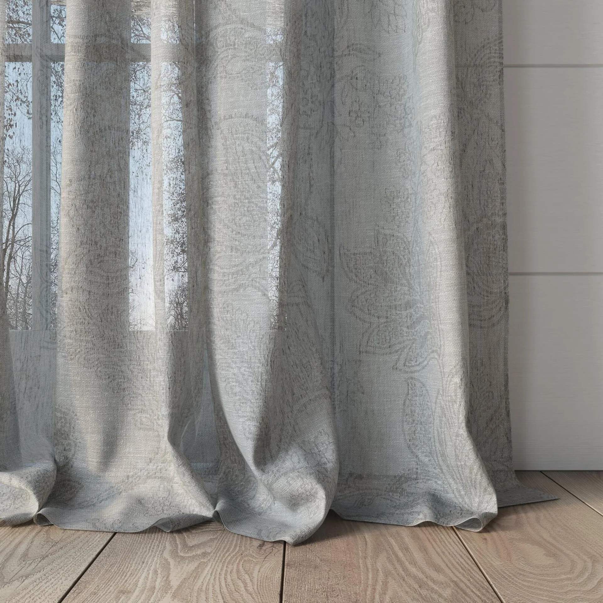Bottom view of Savona Shadow, puddled, on curtain rod