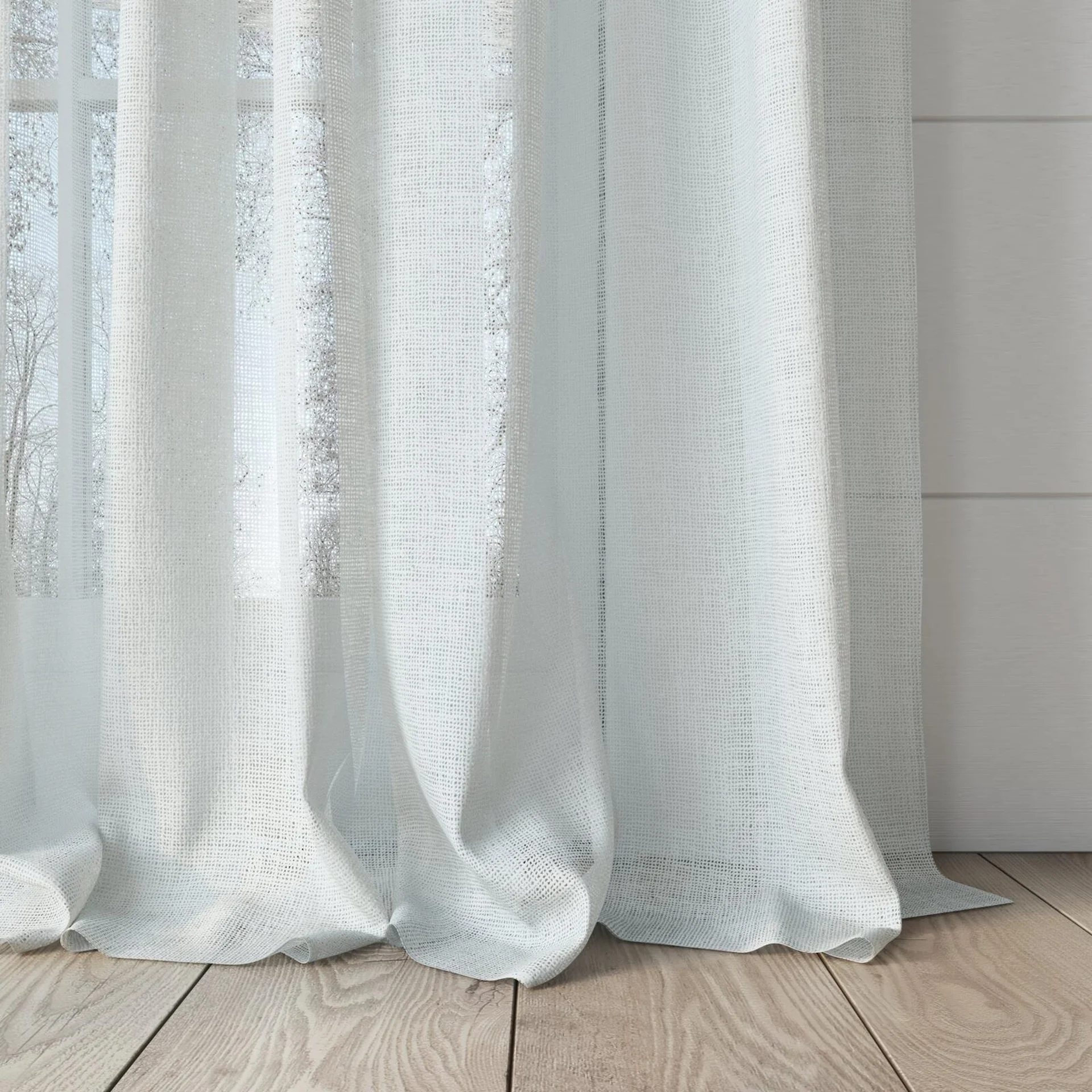 Bottom view of Statement Marble, puddled, on curtain rod