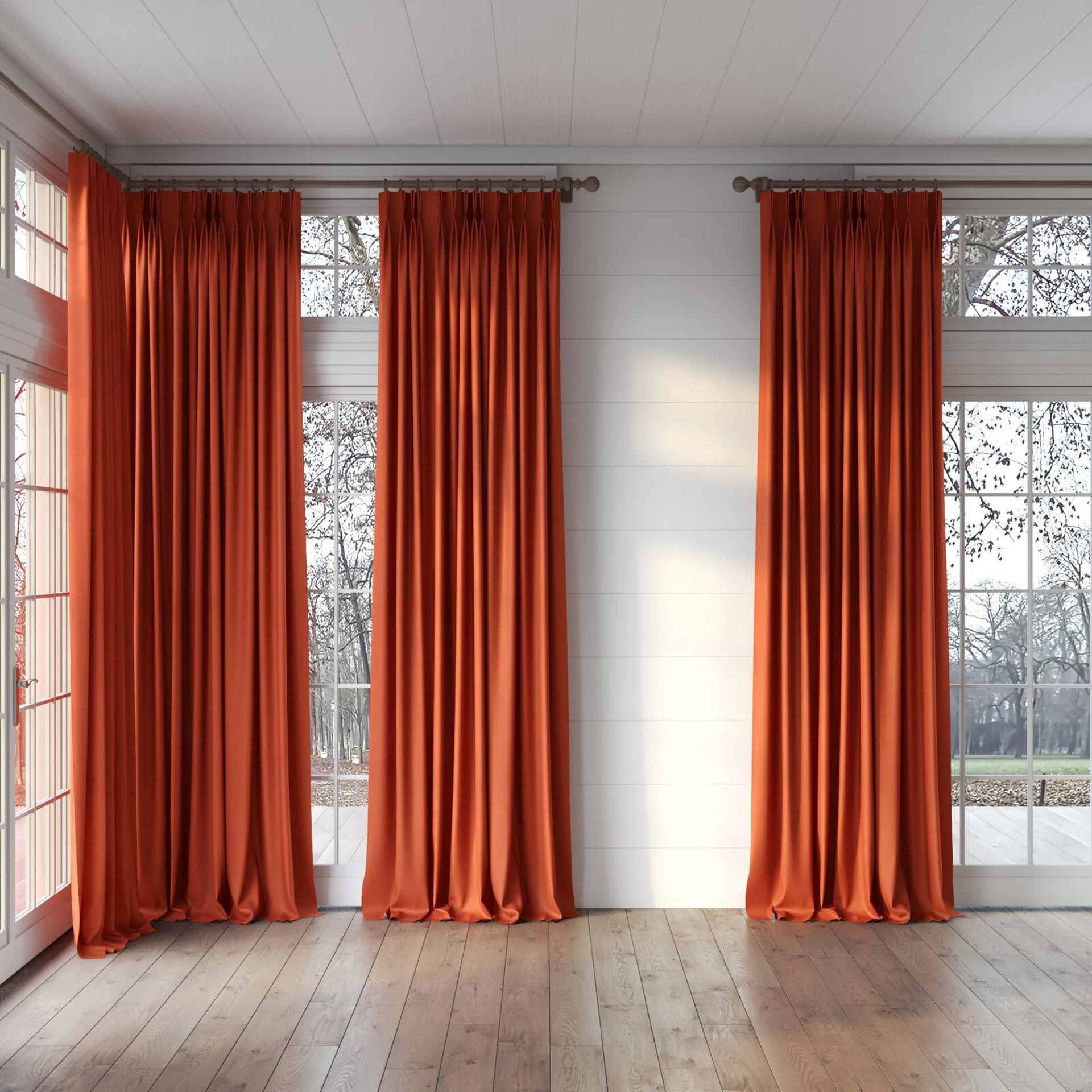 Full view of Loci Dim Out Ember, puddled, on curtain rod