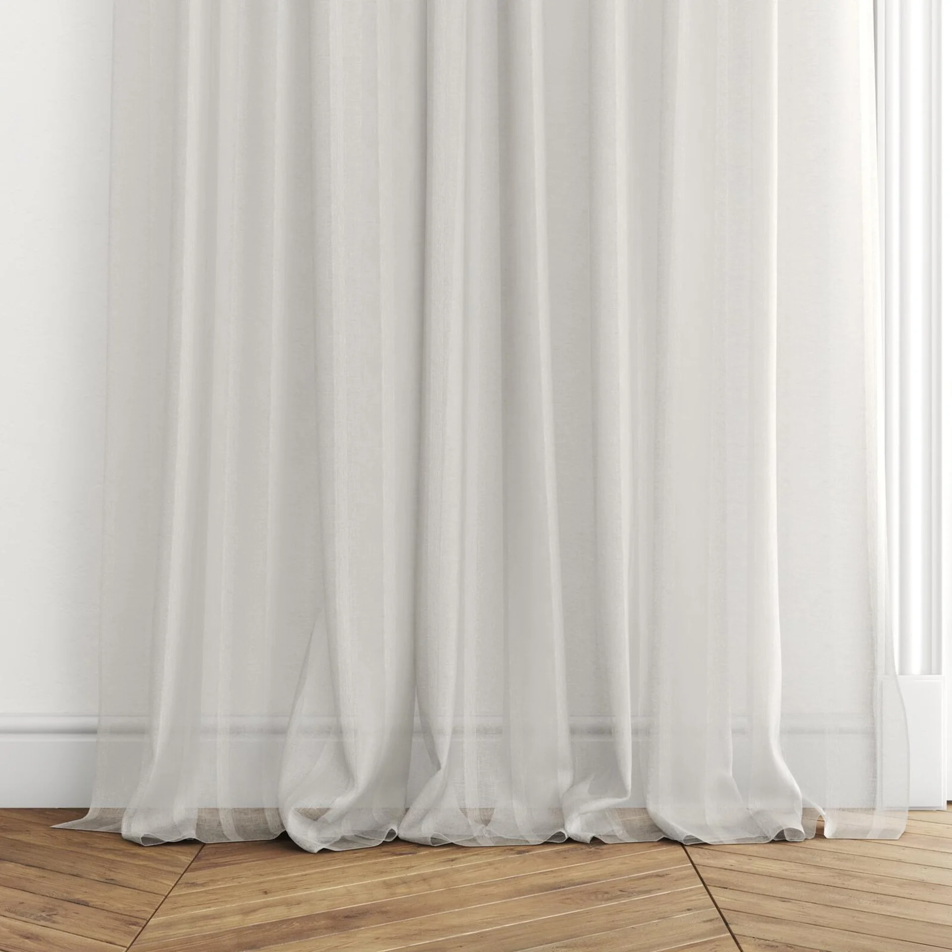 Bottom view of Camus Oyster, puddled with pinch pleat, on curtain rod