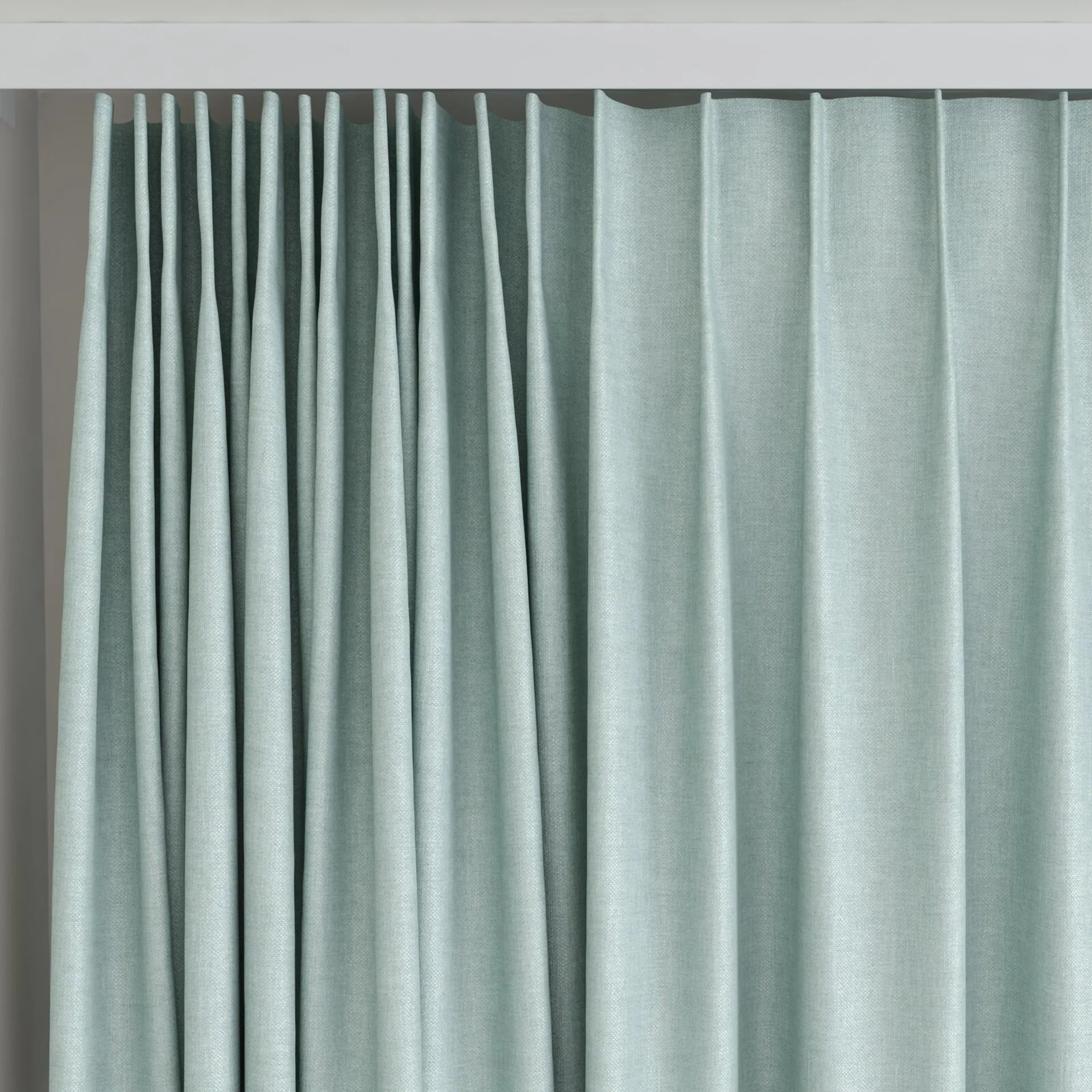 Top view of Perfecto Celadon, on curtain rail